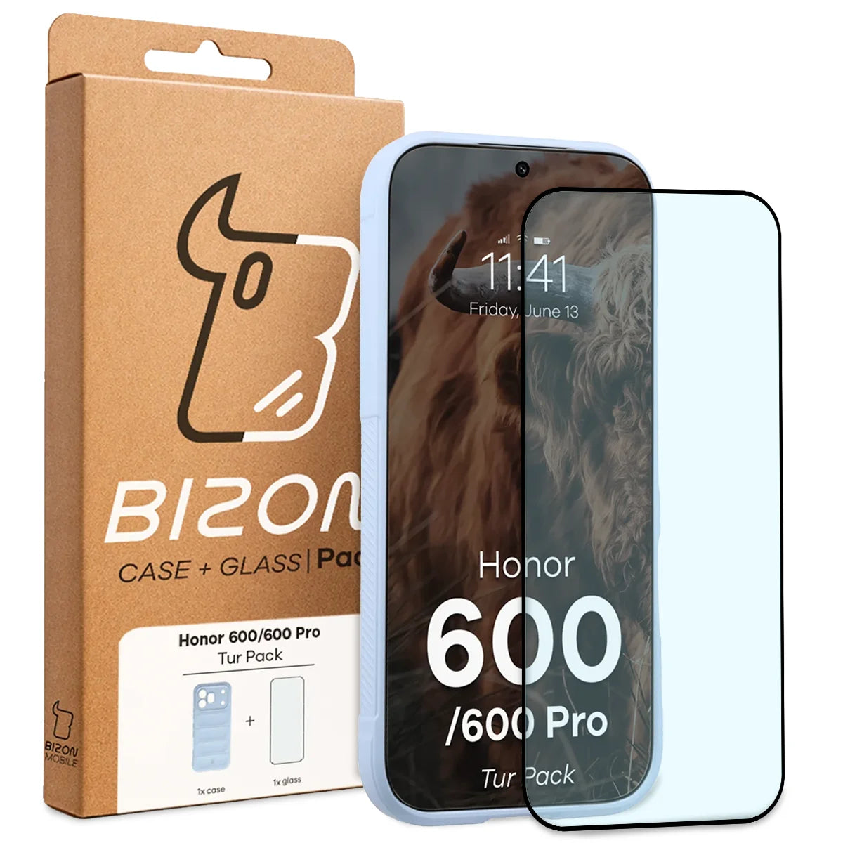 Robuste Handyhülle + gehärtetem Glas für Honor 600 5G / 600 Pro 5G, Bizon Tur Pack, Hellblau