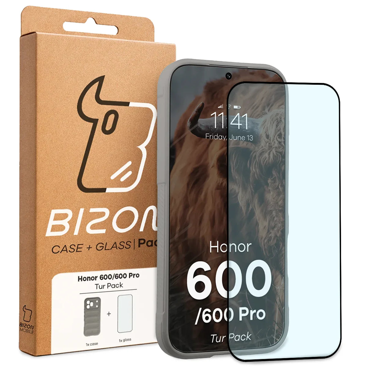 Robuste Handyhülle + gehärtetem Glas für Honor 600 5G / 600 Pro 5G, Bizon Tur Pack, Hellgrau