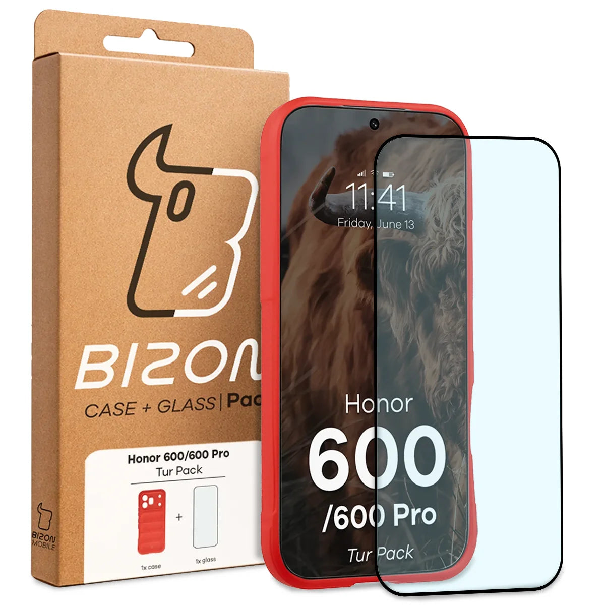Robuste Handyhülle + gehärtetem Glas für Honor 600 5G / 600 Pro 5G, Bizon Tur Pack, Rot