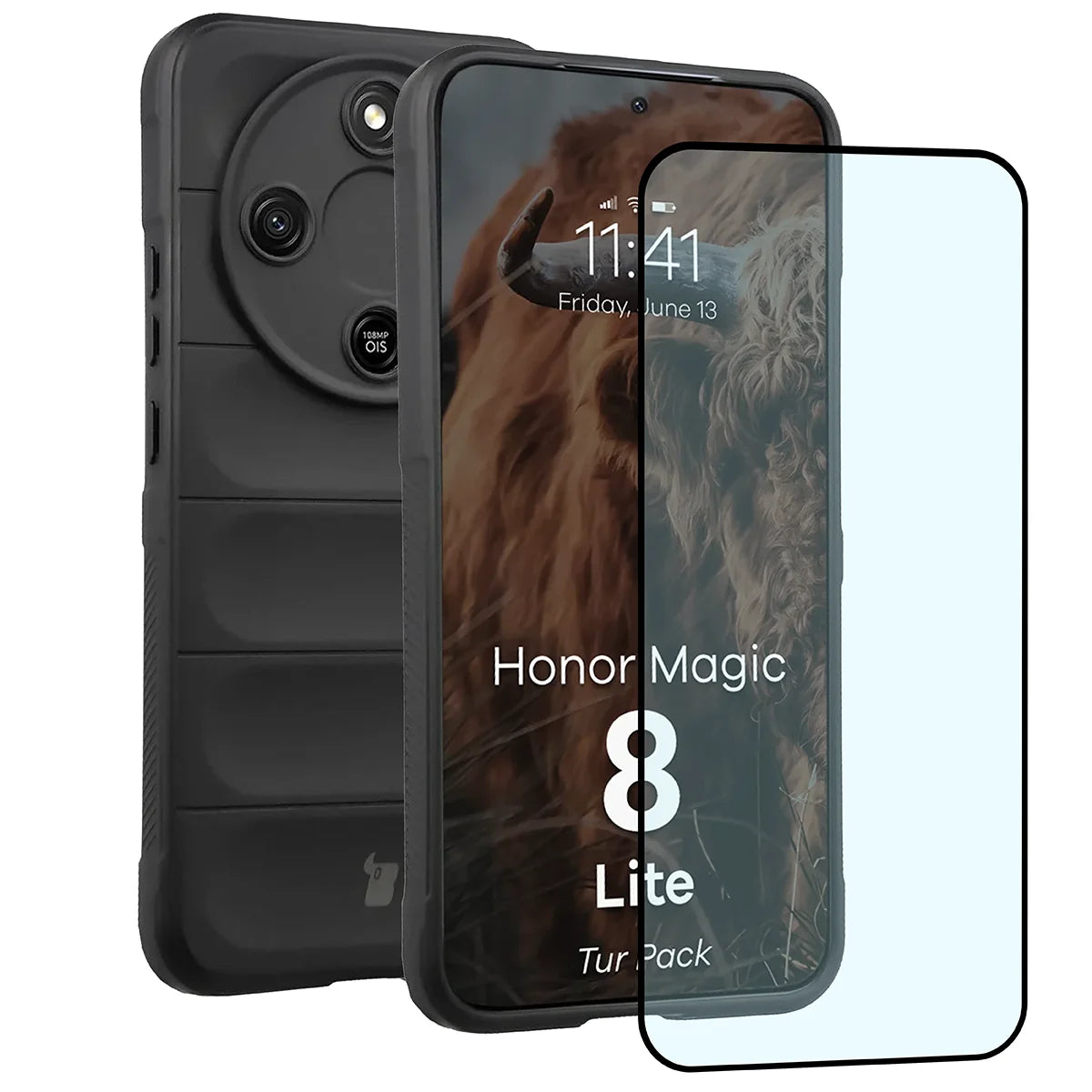 Robuste Handyhülle + gehärtetem Glas für Honor Magic8 Lite, Bizon Tur Pack, Schwarz