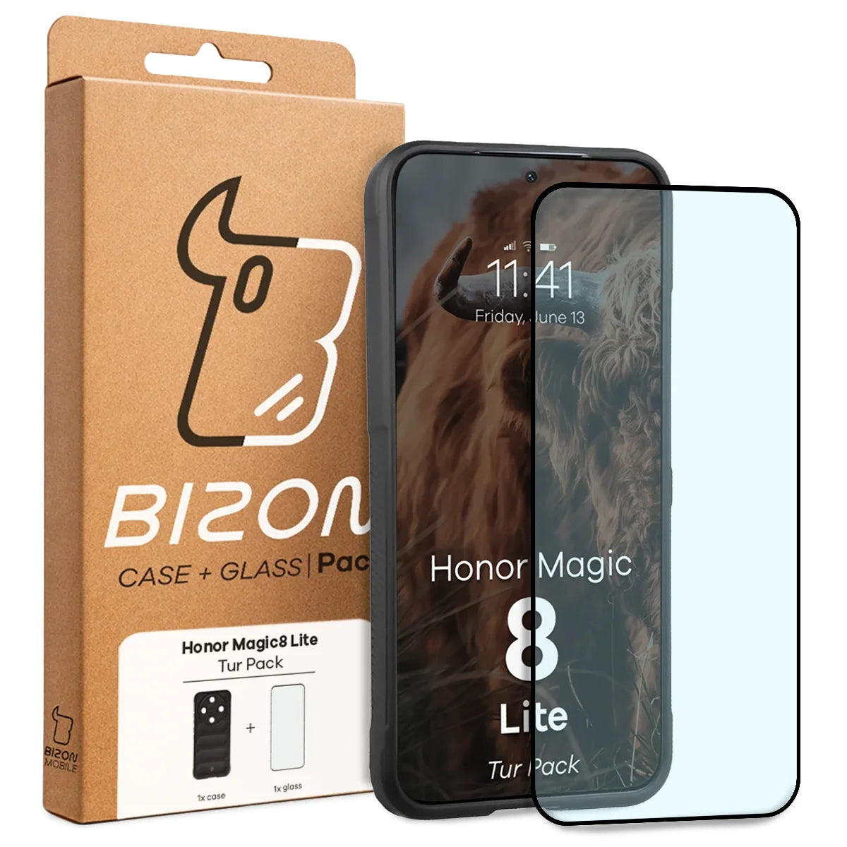 Robuste Handyhülle + gehärtetem Glas für Honor Magic8 Lite, Bizon Tur Pack, Schwarz