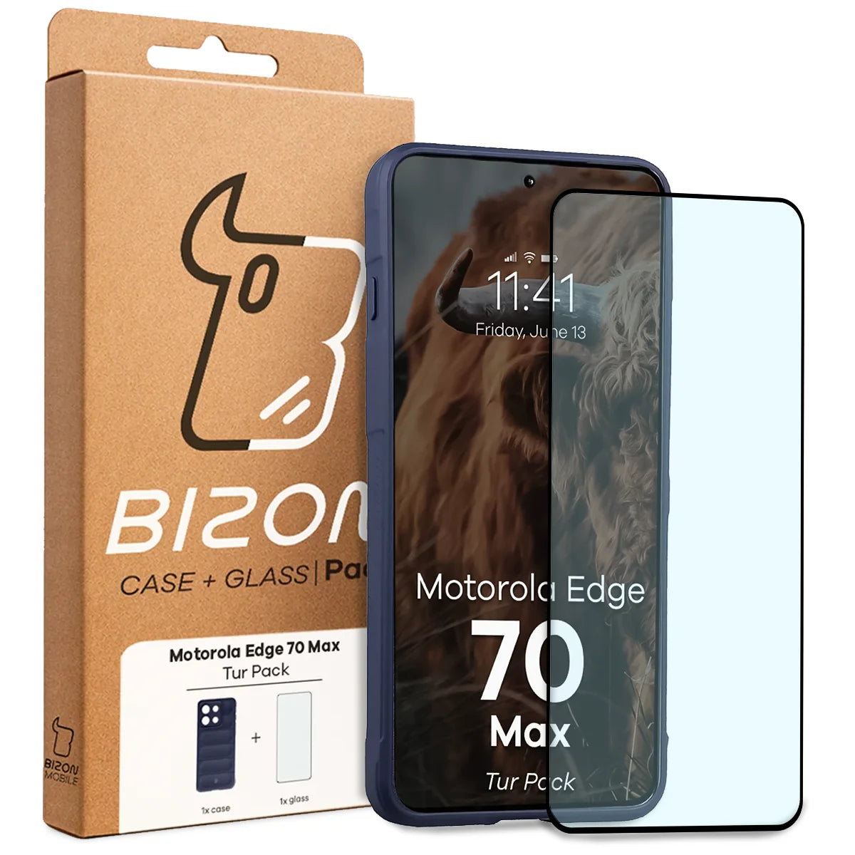 Robuste Handyhülle + gehärtetem Glas für Motorola Edge 70 Max, Bizon Tur Pack, Dunkelblau (10/10)