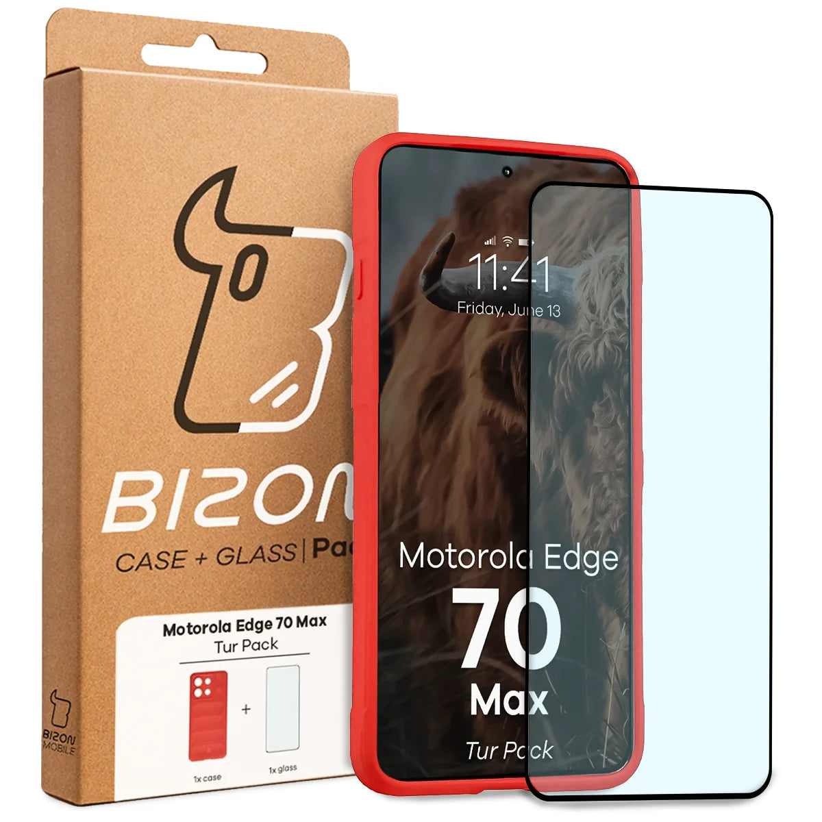 Robuste Handyhülle + gehärtetem Glas für Motorola Edge 70 Max, Bizon Tur Pack, Rot (10/10)