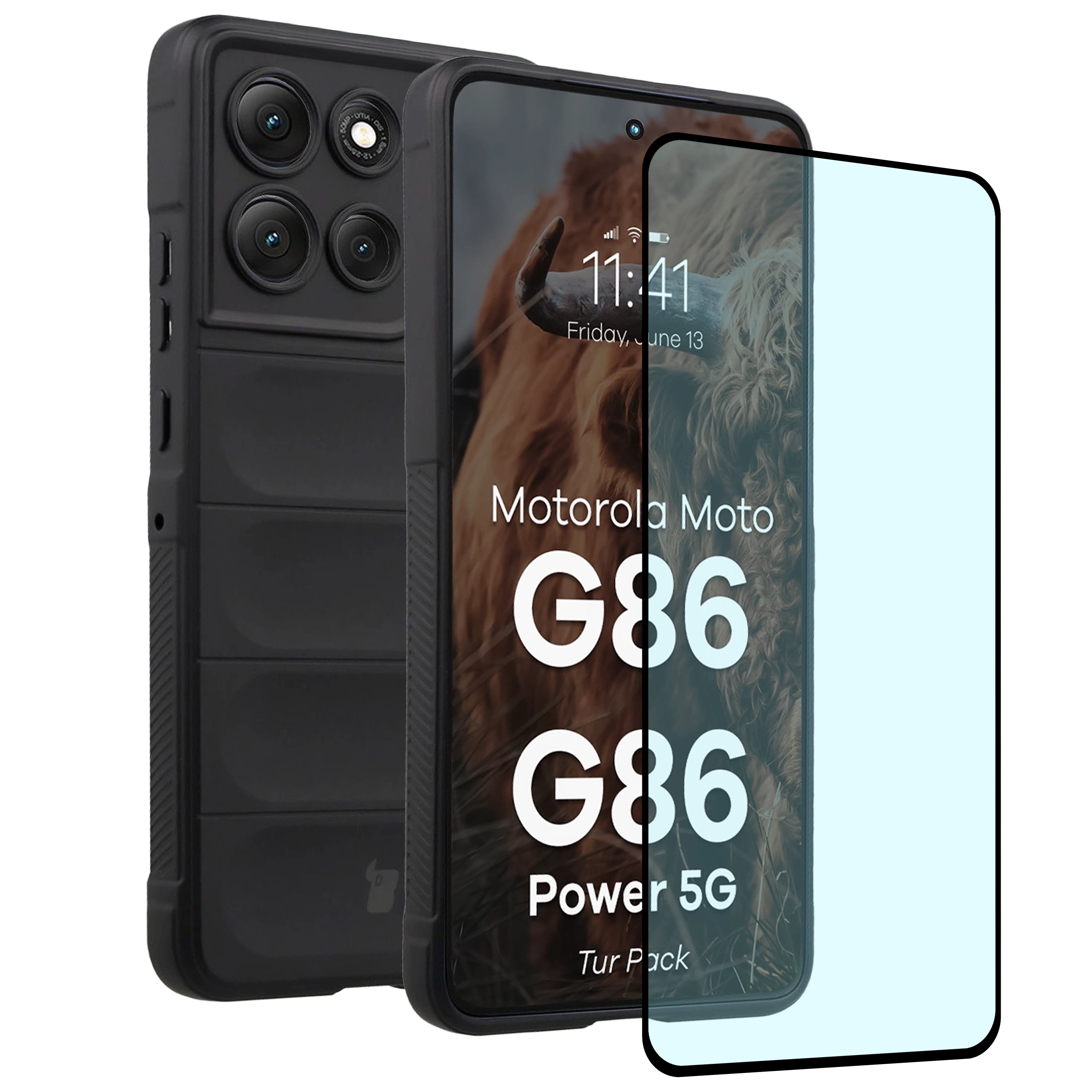 Robuste Handyhülle + gehärtetem Glas für Motorola Moto G86 5G / G86 Power 5G, Bizon Tur Pack, Schwarz