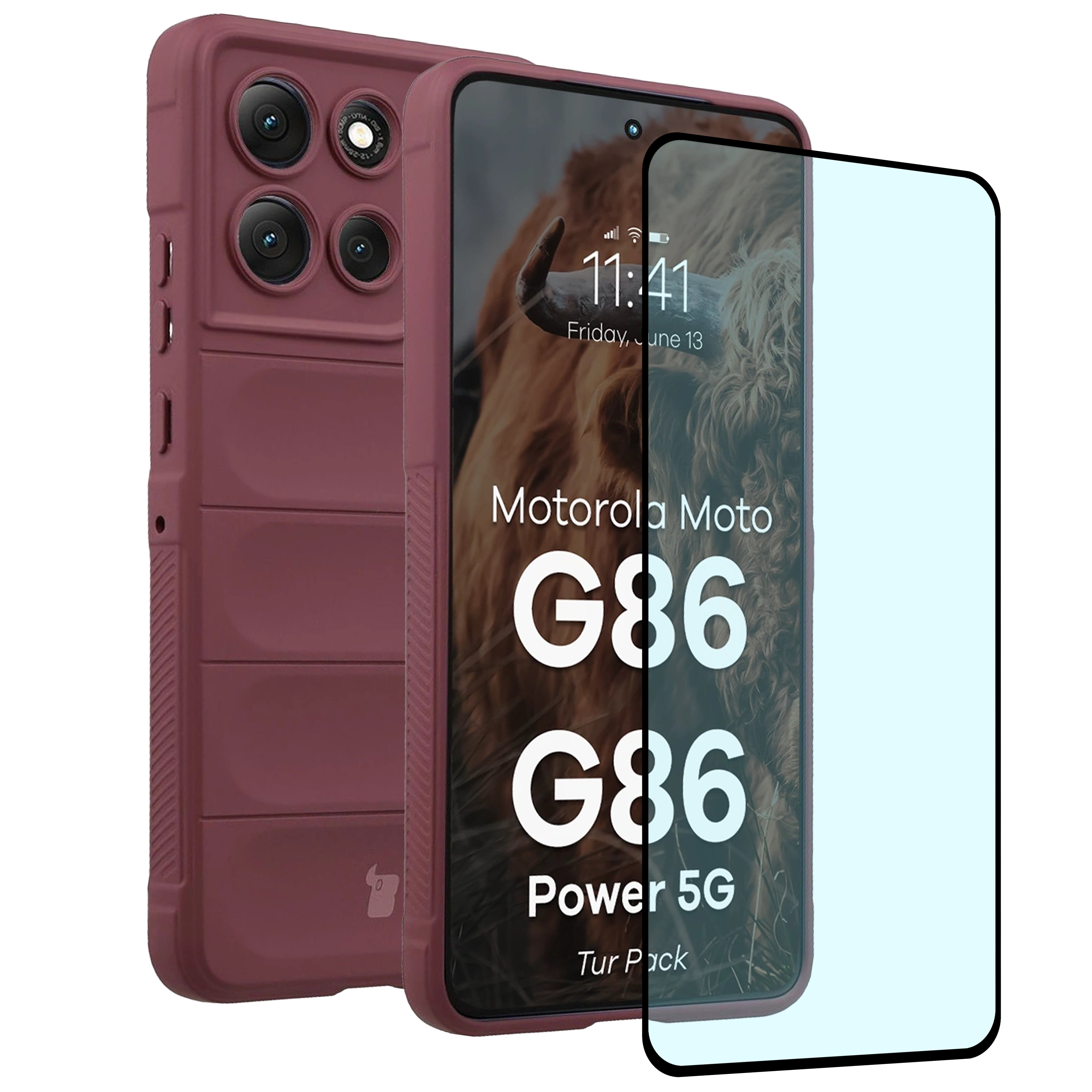 Robuste Handyhülle + gehärtetem Glas für Motorola Moto G86 5G / G86 Power 5G, Bizon Tur Pack, Burgunderrot