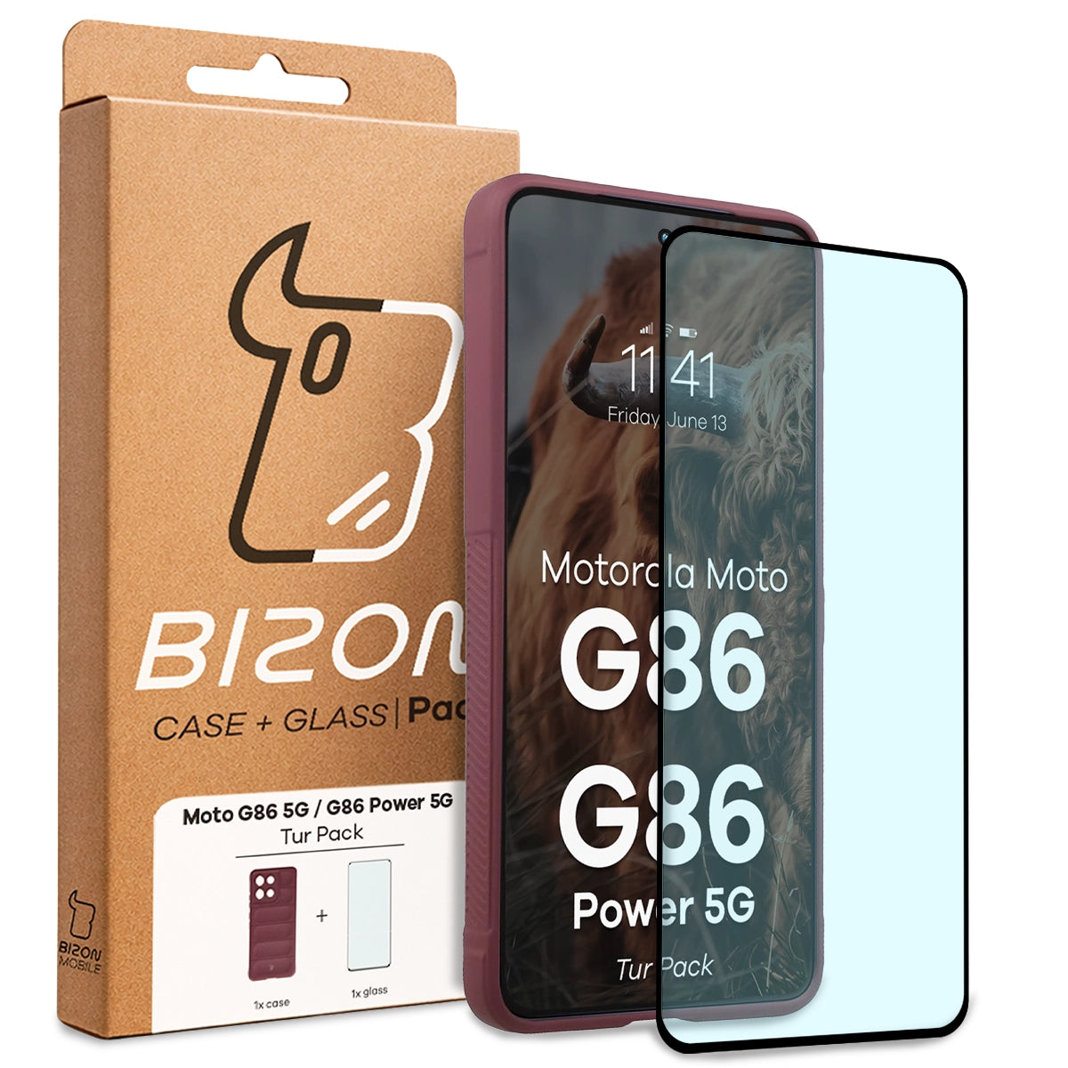 Robuste Handyhülle + gehärtetem Glas für Motorola Moto G86 5G / G86 Power 5G, Bizon Tur Pack, Burgunderrot