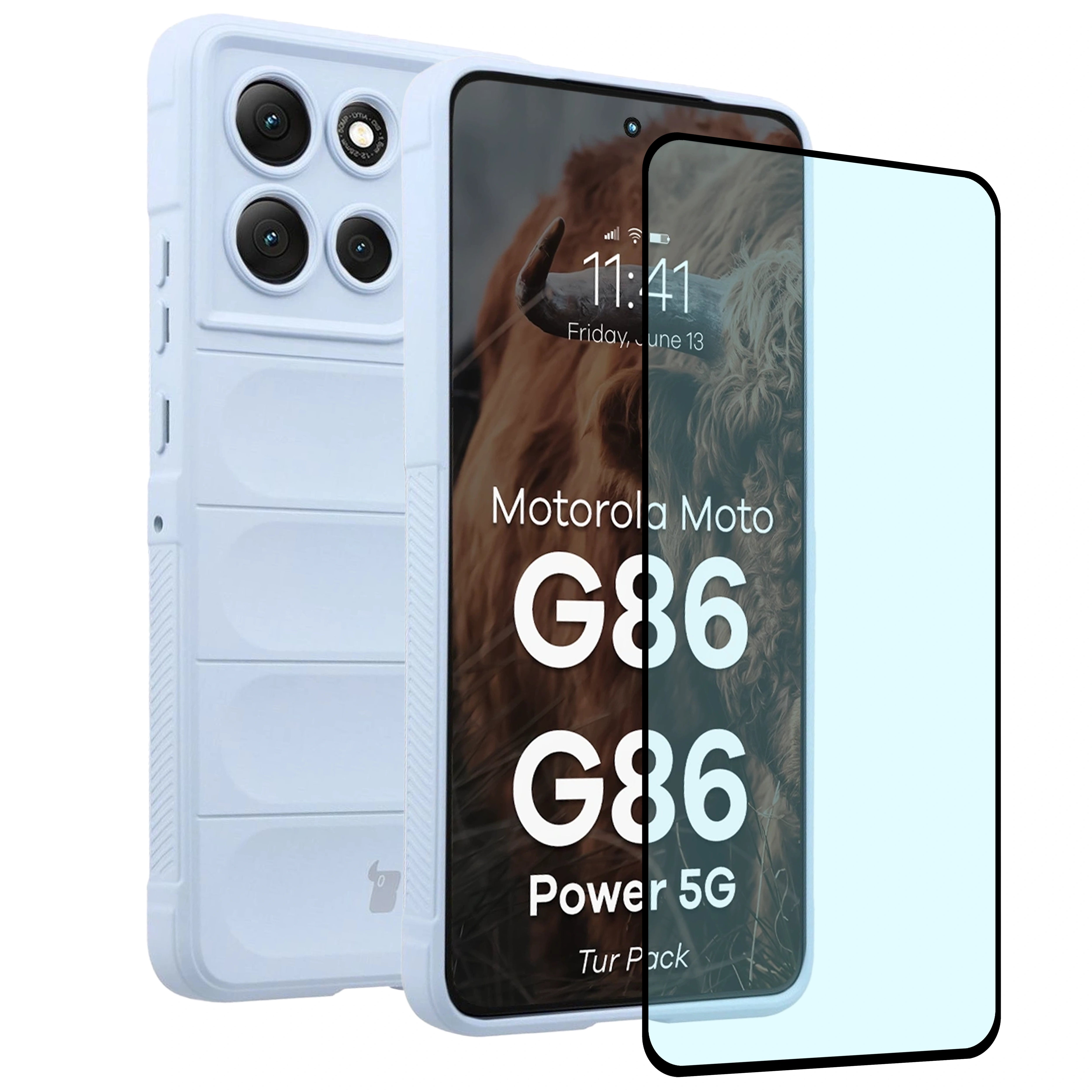 Robuste Handyhülle + gehärtetem Glas für Motorola Moto G86 5G / G86 Power 5G, Bizon Tur Pack, Hellblau