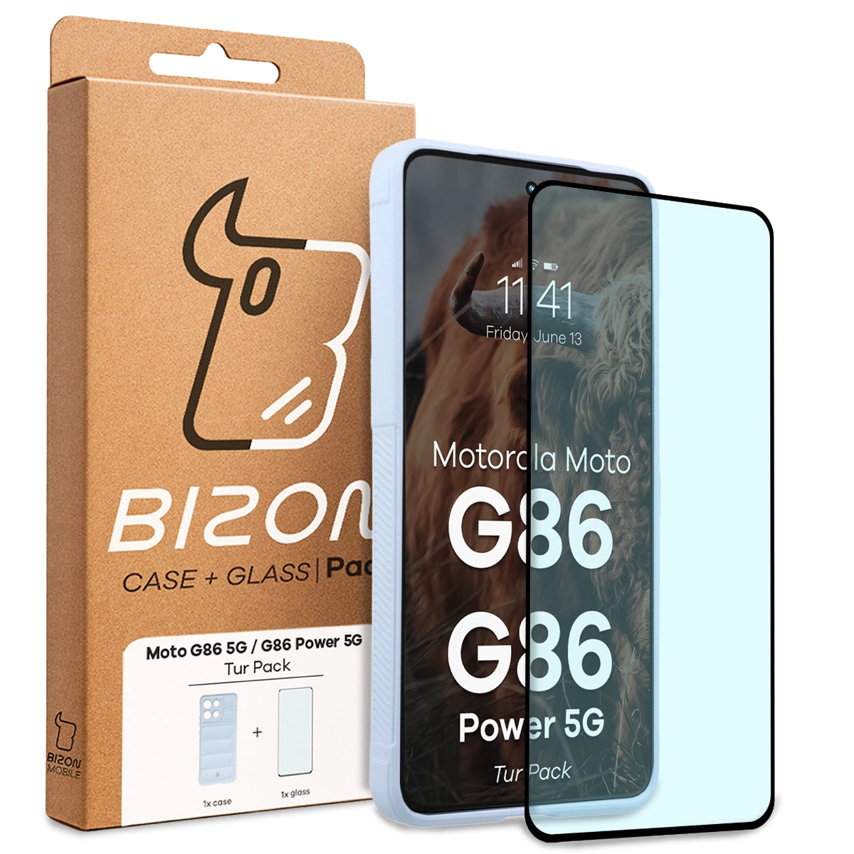 Robuste Handyhülle + gehärtetem Glas für Motorola Moto G86 5G / G86 Power 5G, Bizon Tur Pack, Hellblau