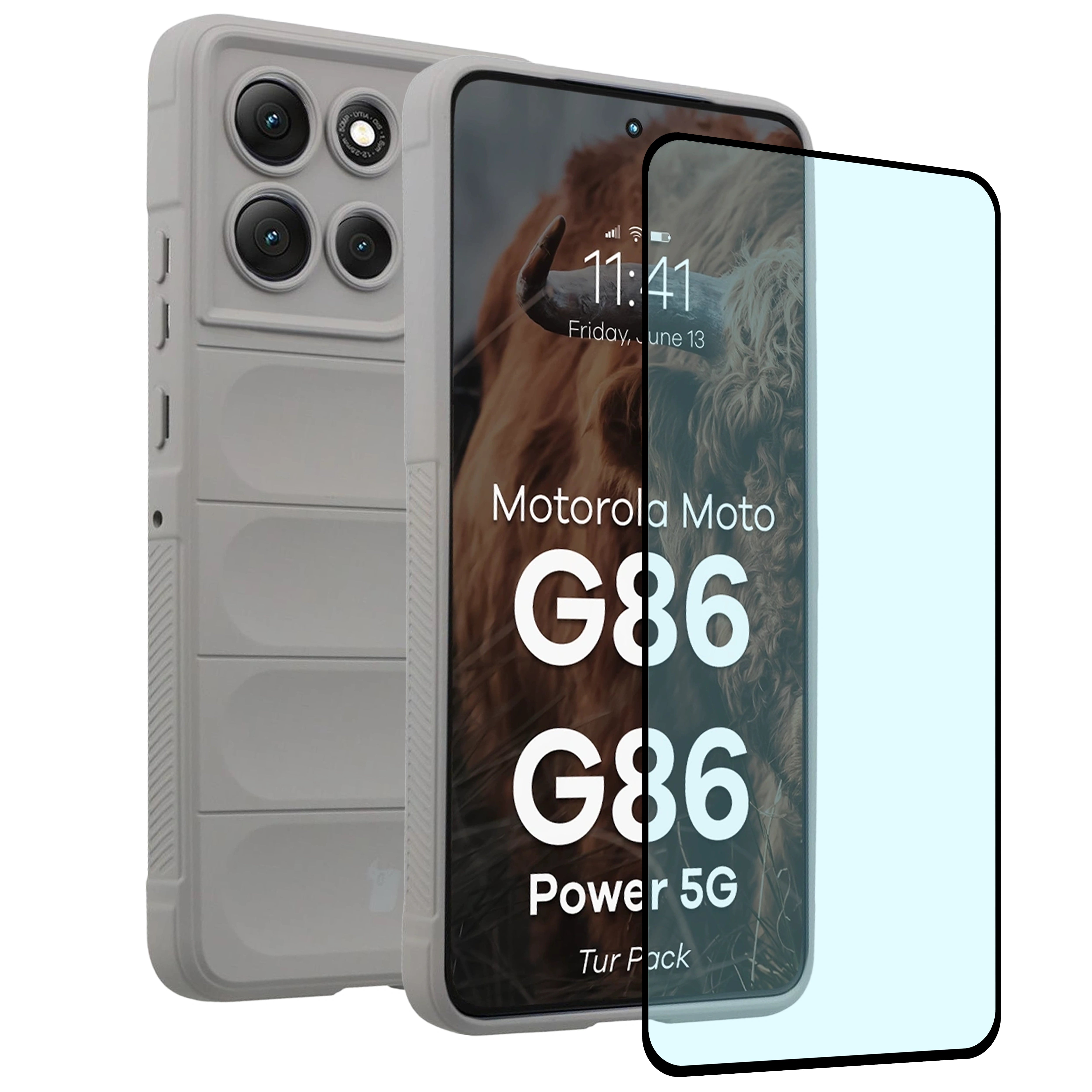 Robuste Handyhülle + gehärtetem Glas für Motorola Moto G86 5G / G86 Power 5G, Bizon Tur Pack, Hellgrau