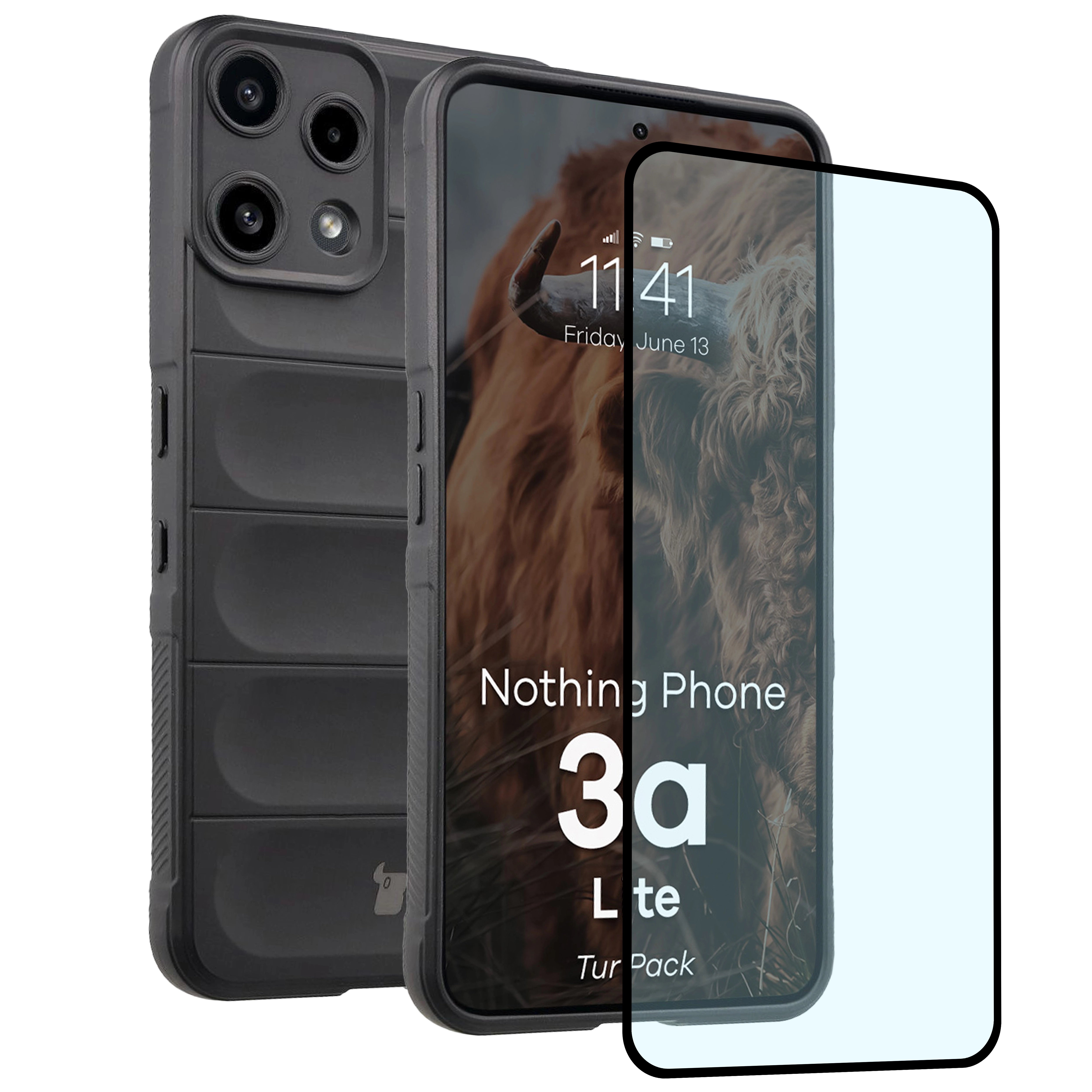 Robuste Handyhülle + gehärtetem Glas für Nothing Phone (3a) Lite, Bizon Tur Pack, Schwarz