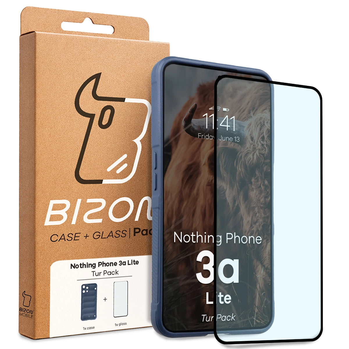 Robuste Handyhülle + gehärtetem Glas für Nothing Phone (3a) Lite, Bizon Tur Pack, Dunkelblau