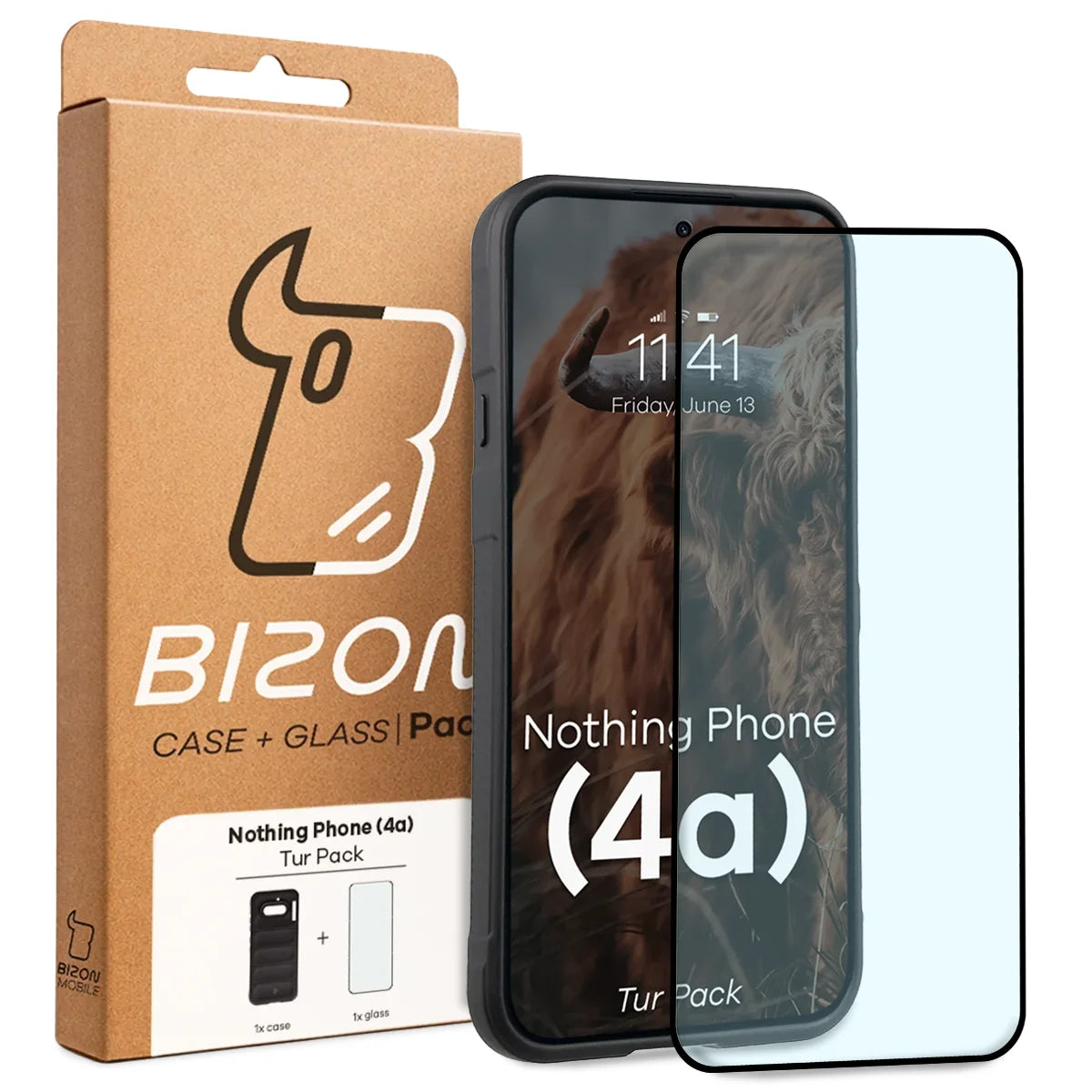 Robuste Handyhülle + gehärtetem Glas für Nothing Phone (4a), Bizon Tur Pack, Schwarz