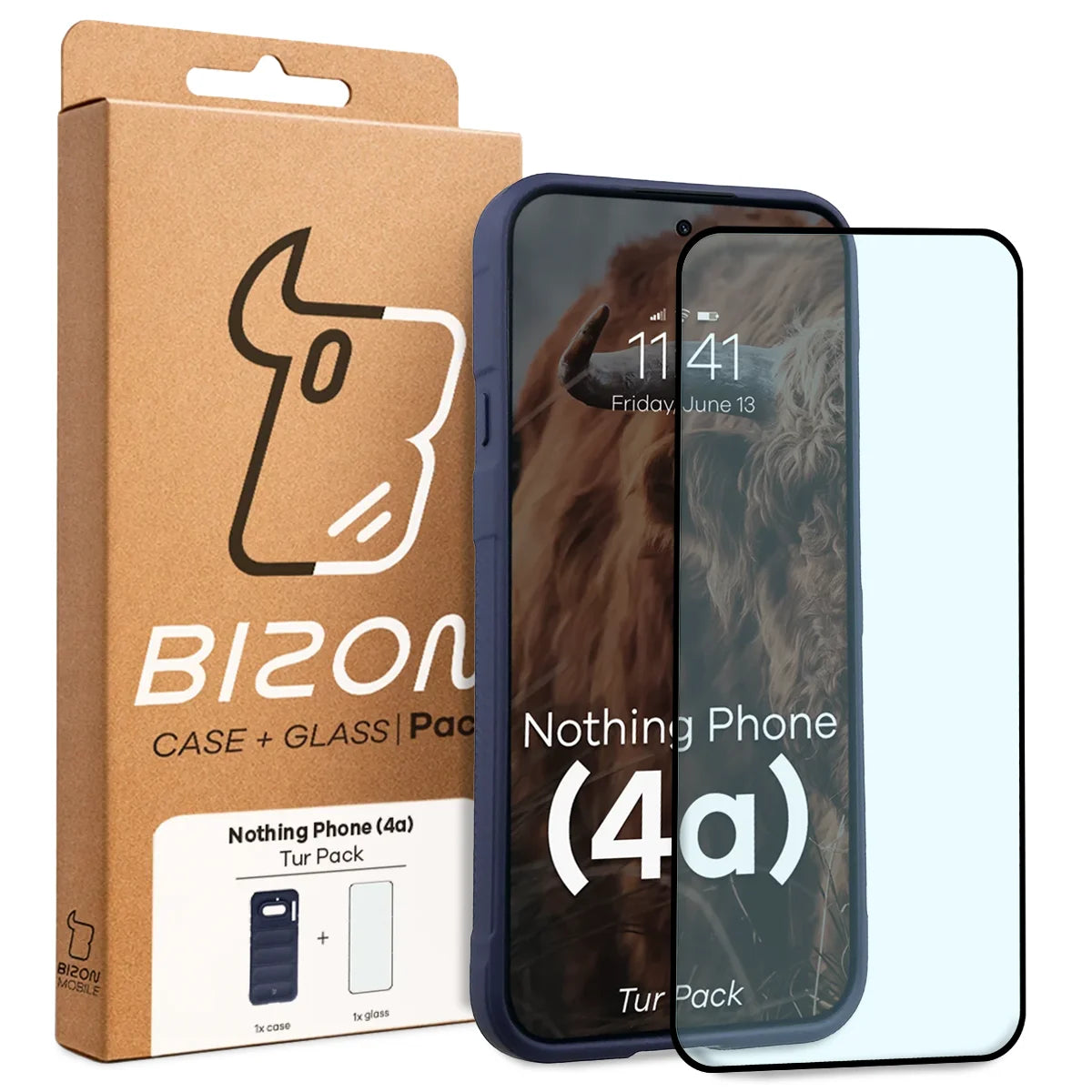 Robuste Handyhülle + gehärtetem Glas für Nothing Phone (4a), Bizon Tur Pack, Dunkelblau