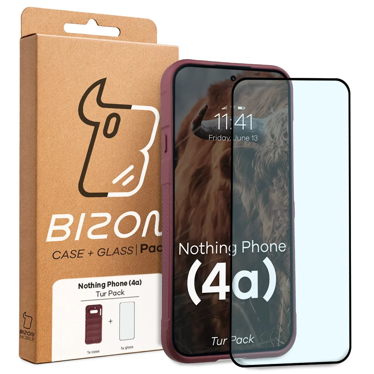 Robuste Handyhülle + gehärtetem Glas für Nothing Phone (4a), Bizon Tur Pack, Burgunderrot