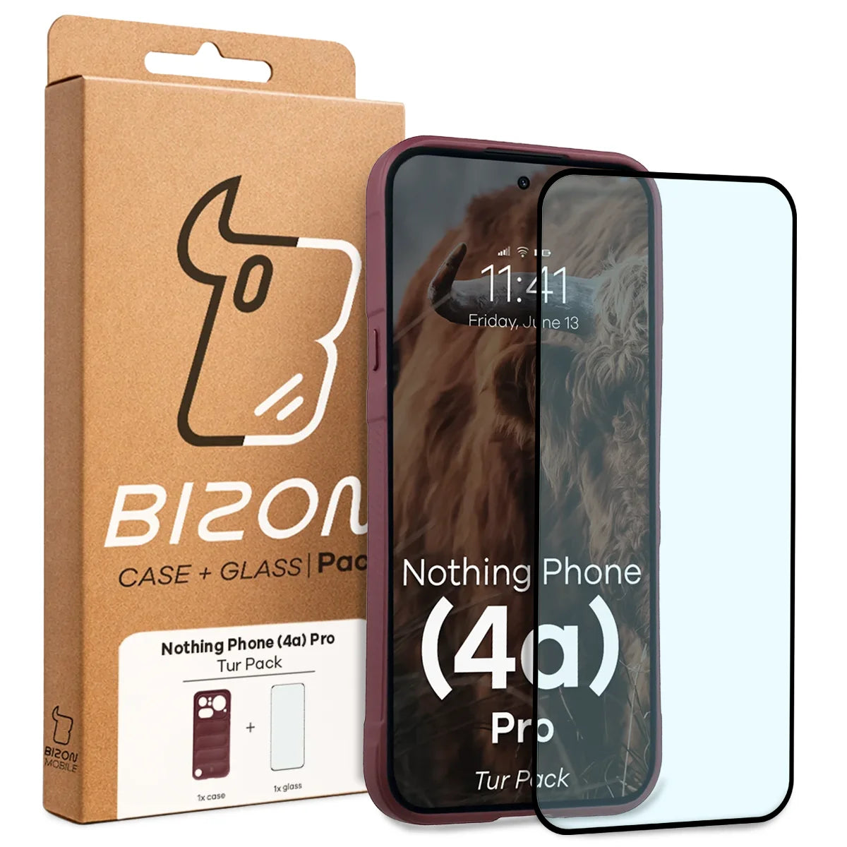 Robuste Handyhülle + gehärtetem Glas für Nothing Phone (4a) Pro, Bizon Tur Pack, Burgunderrot