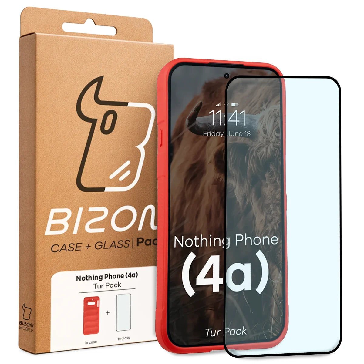 Robuste Handyhülle + gehärtetem Glas für Nothing Phone (4a), Bizon Tur Pack, Rot