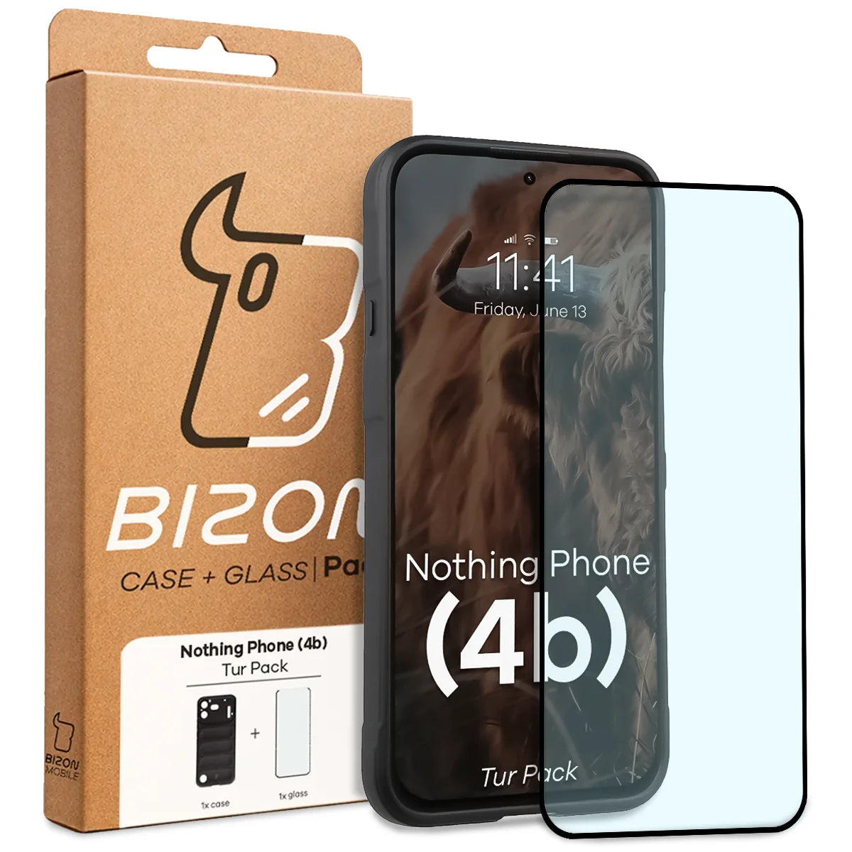 Robuste Handyhülle + gehärtetem Glas für Nothing Phone (4b), Bizon Tur Pack, Schwarz (10/10)