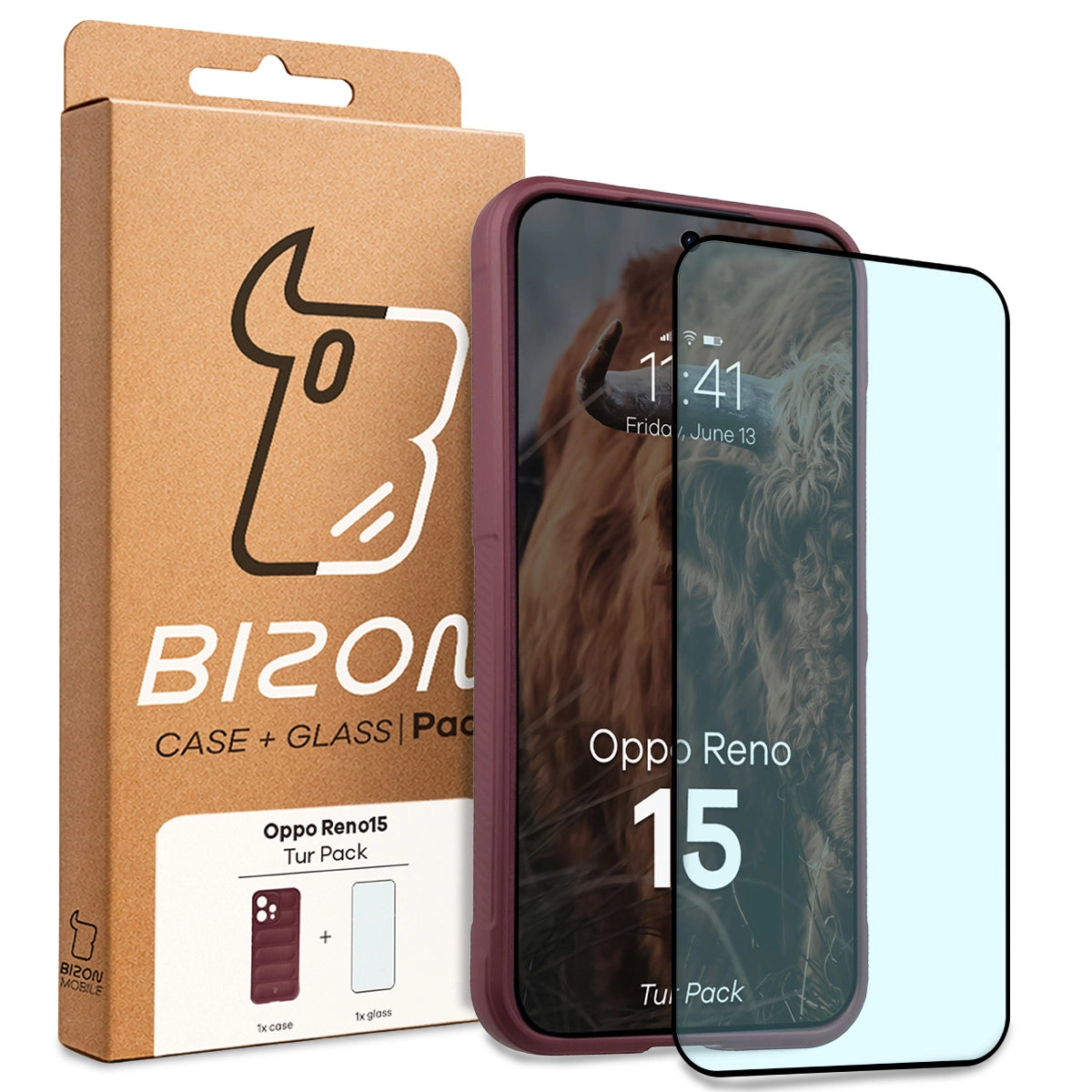 Robuste Handyhülle + gehärtetem Glas für Oppo Reno 15, Bizon Tur Pack, Burgunderrot
