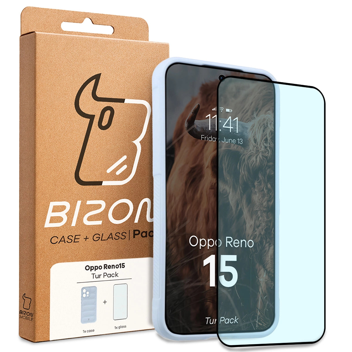 Robuste Handyhülle + gehärtetem Glas für Oppo Reno 15, Bizon Tur Pack, Hellblau