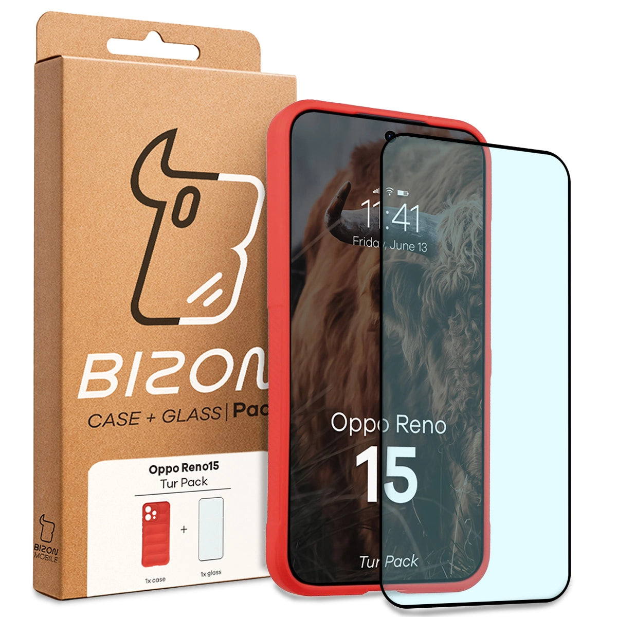 Robuste Handyhülle + gehärtetem Glas für Oppo Reno 15, Bizon Tur Pack, Rot