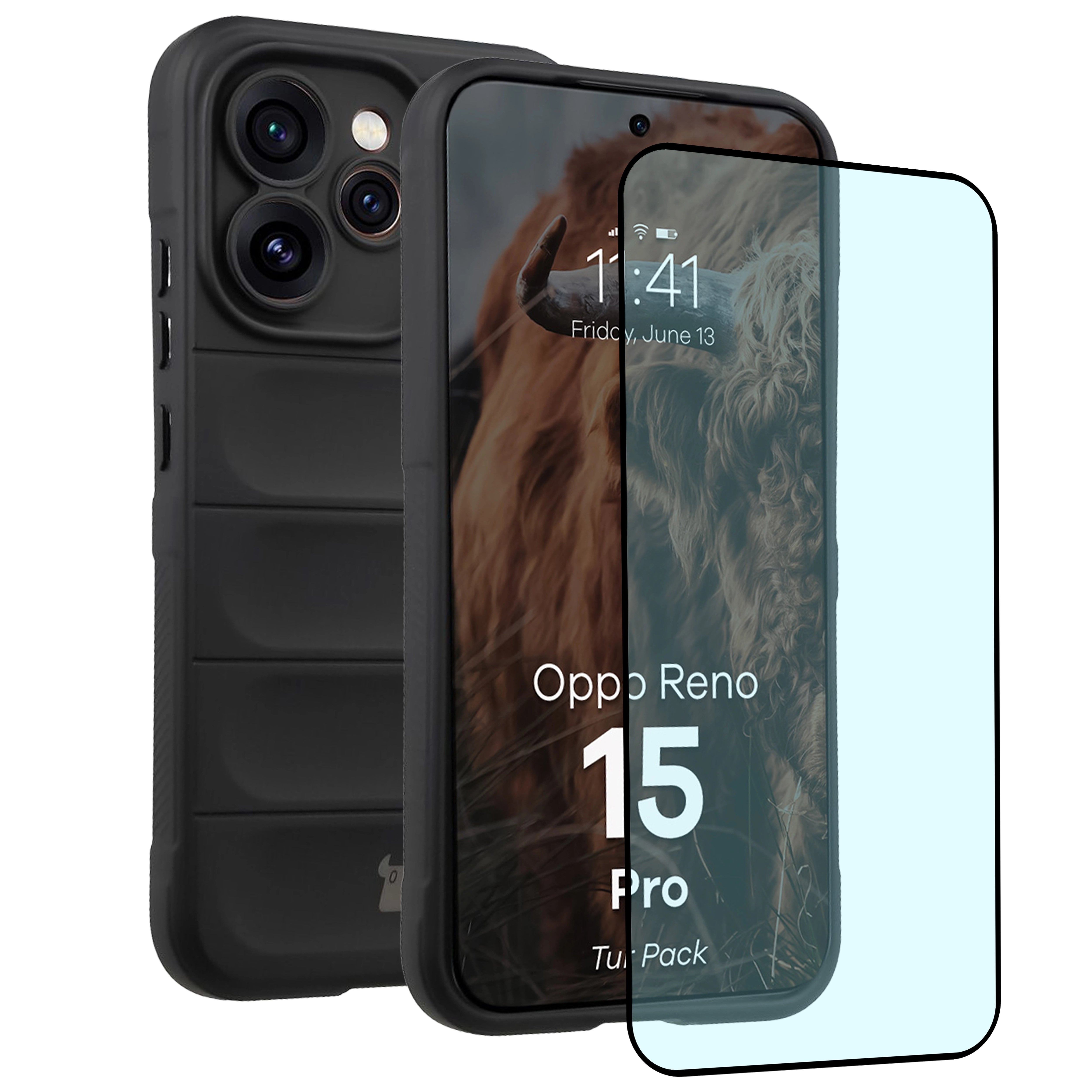Robuste Handyhülle + gehärtetem Glas für Oppo Reno 15 Pro, Bizon Tur Pack, Schwarz