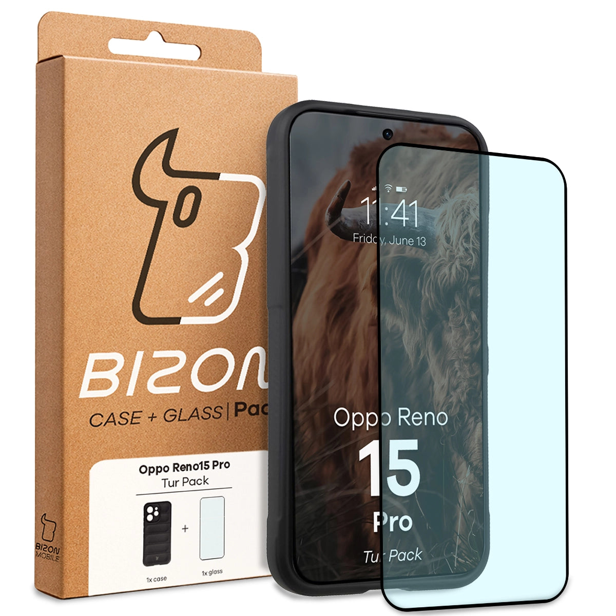 Robuste Handyhülle + gehärtetem Glas für Oppo Reno 15 Pro, Bizon Tur Pack, Schwarz