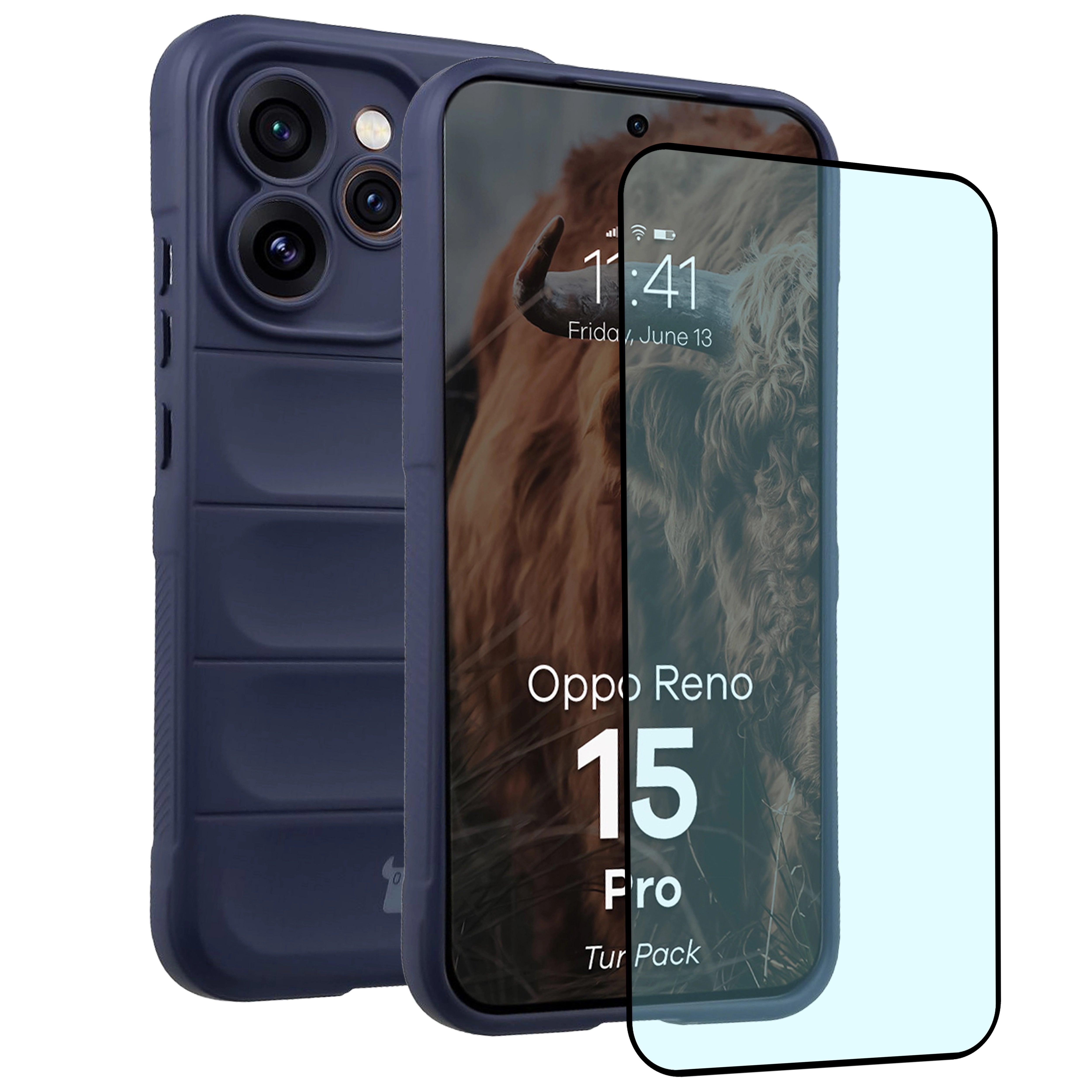 Robuste Handyhülle + gehärtetem Glas für Oppo Reno 15 Pro, Bizon Tur Pack, Dunkelblau