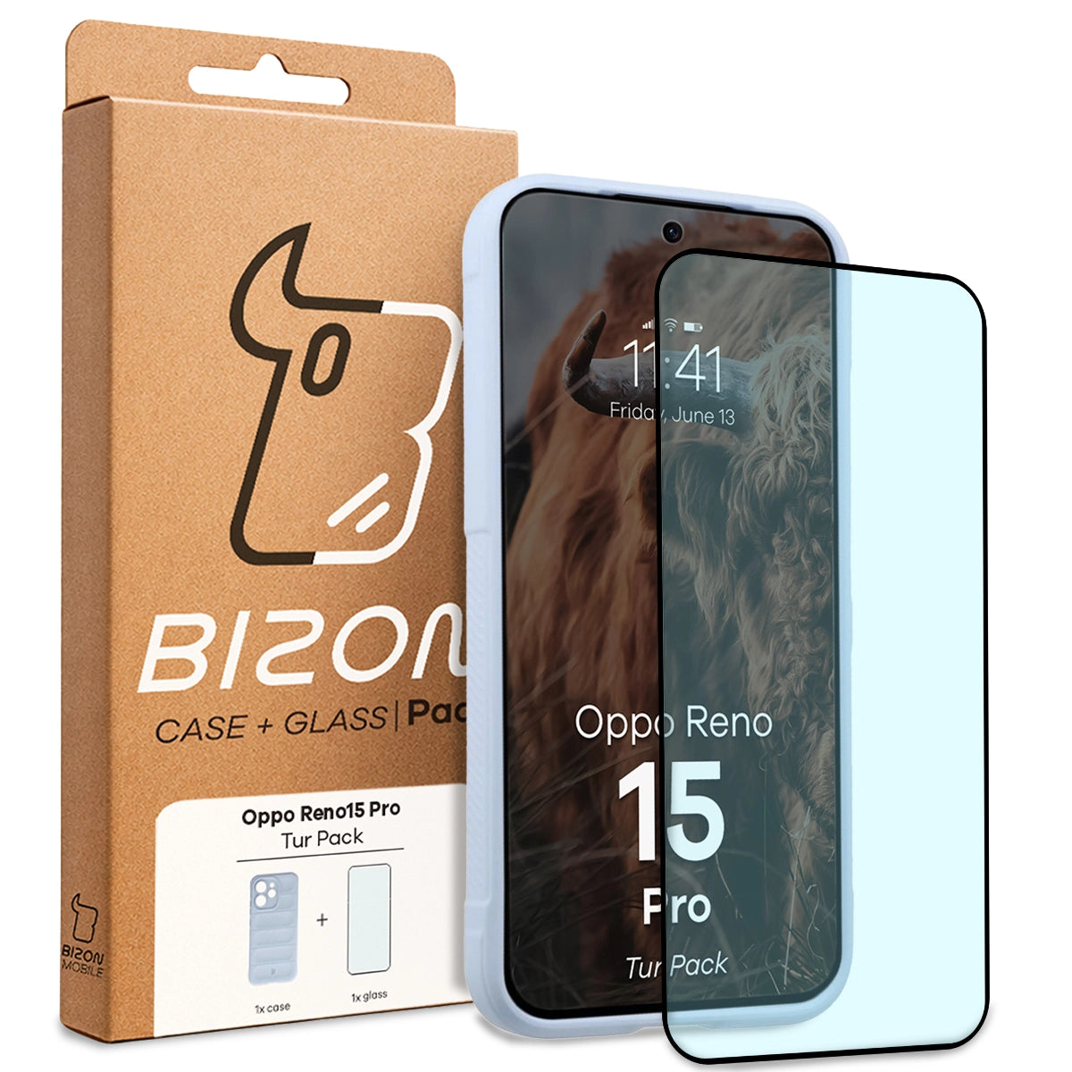 Robuste Handyhülle + gehärtetem Glas für Oppo Reno 15 Pro, Bizon Tur Pack, Hellblau