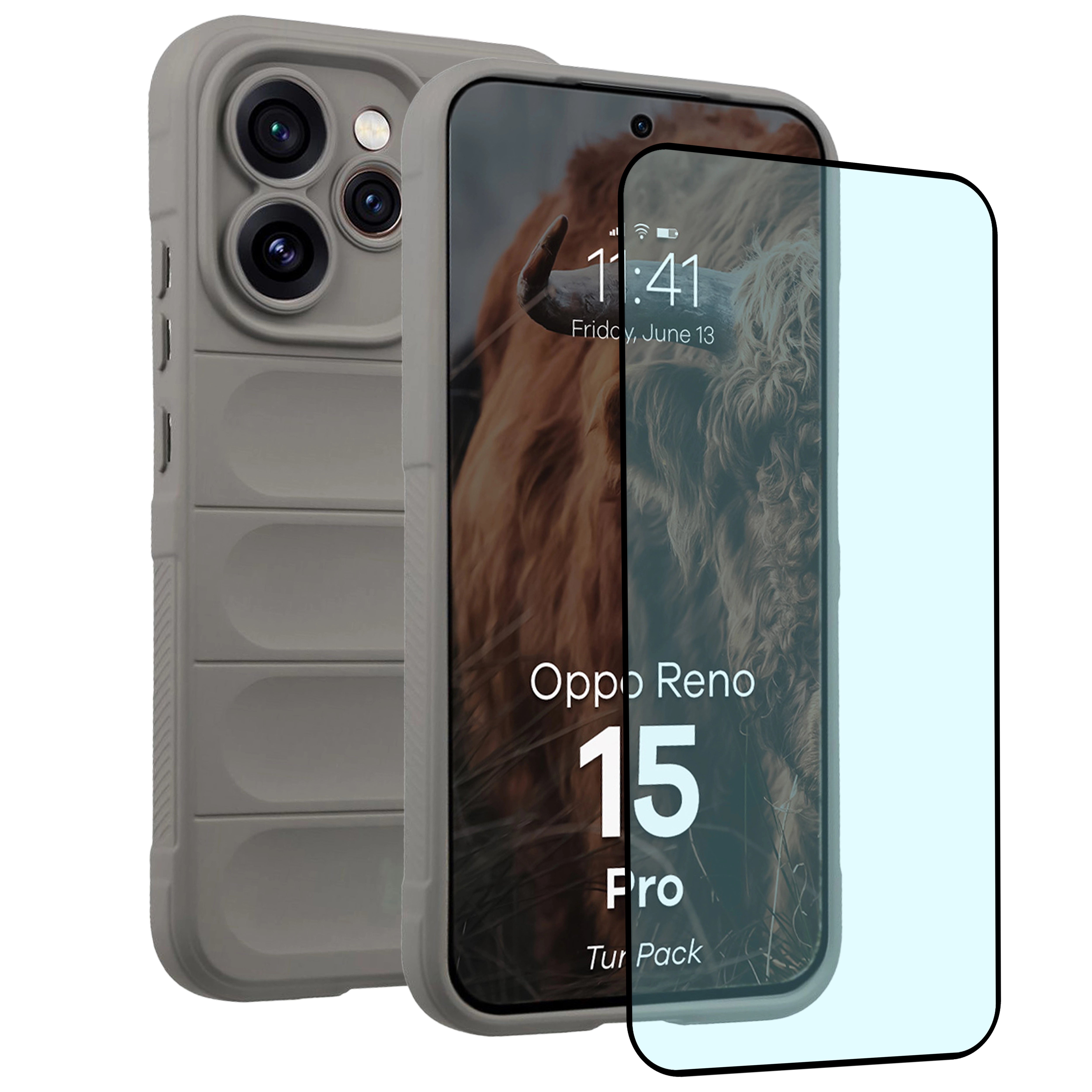 Robuste Handyhülle + gehärtetem Glas für Oppo Reno 15 Pro, Bizon Tur Pack, Hellgrau