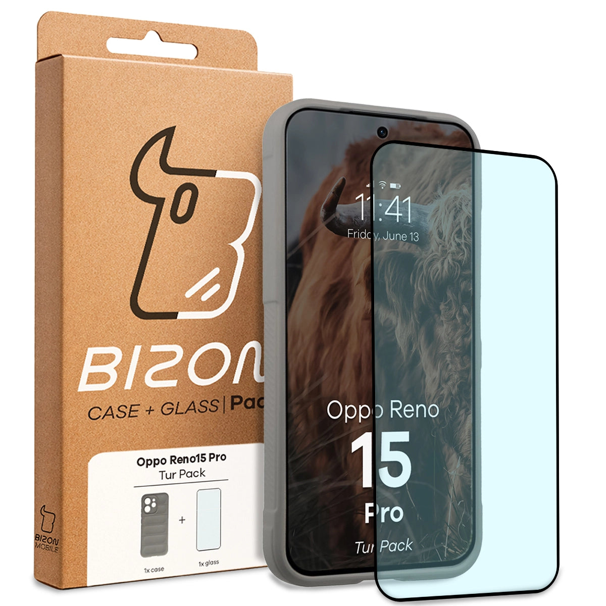 Robuste Handyhülle + gehärtetem Glas für Oppo Reno 15 Pro, Bizon Tur Pack, Hellgrau