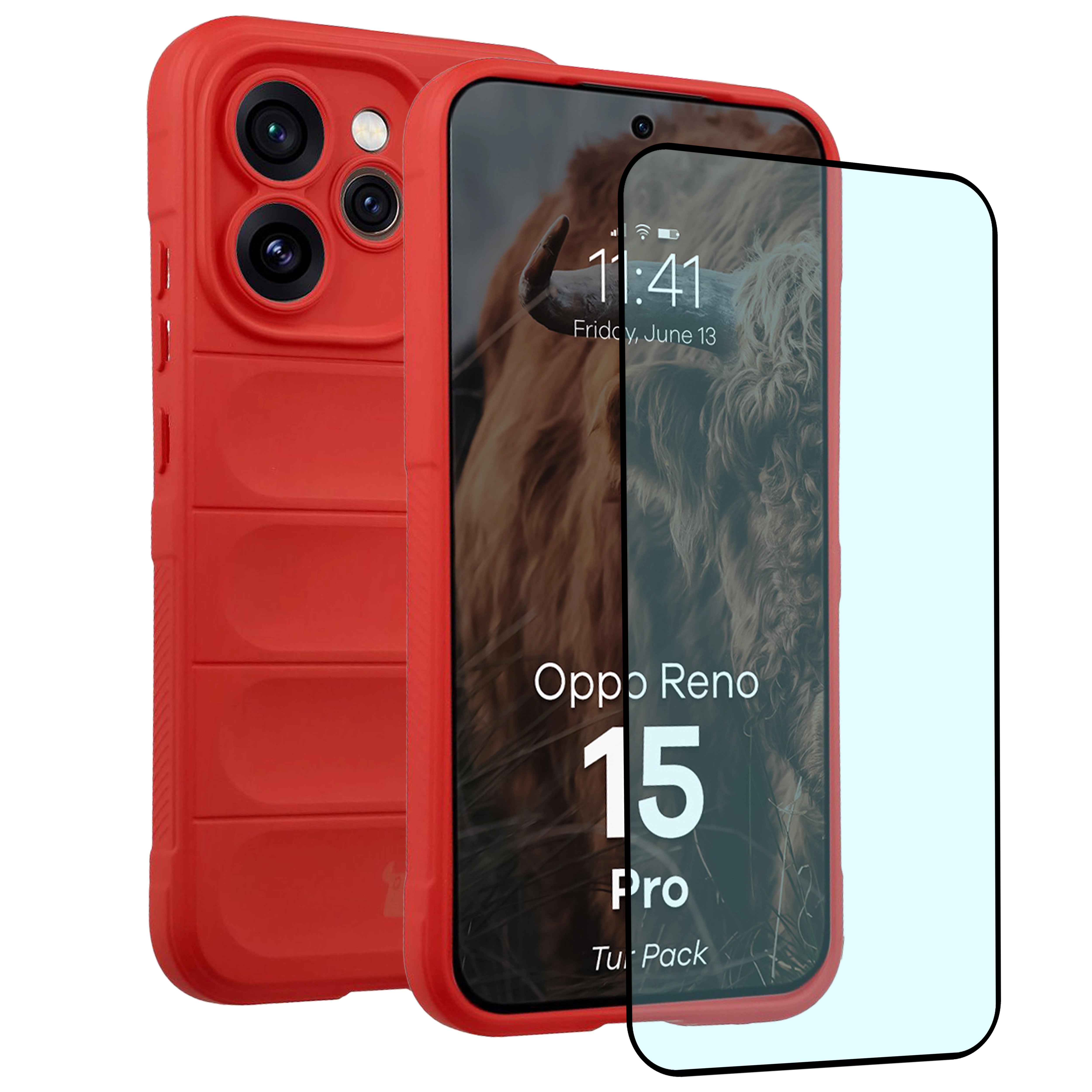 Robuste Handyhülle + gehärtetem Glas für Oppo Reno 15 Pro, Bizon Tur Pack, Rot