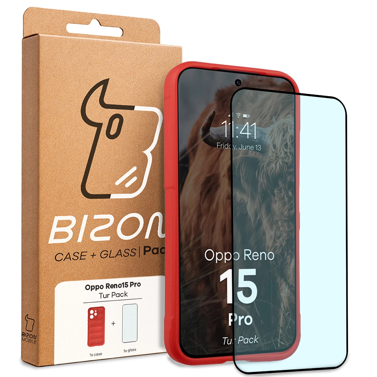 Robuste Handyhülle + gehärtetem Glas für Oppo Reno 15 Pro, Bizon Tur Pack, Rot