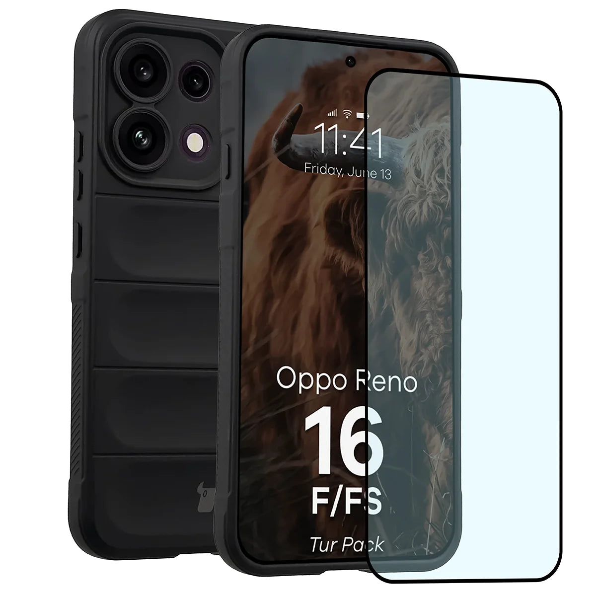 Robuste Handyhülle + gehärtetem Glas für Oppo Reno16 F / Reno16 FS, Bizon Tur Pack, Schwarz (1/10)