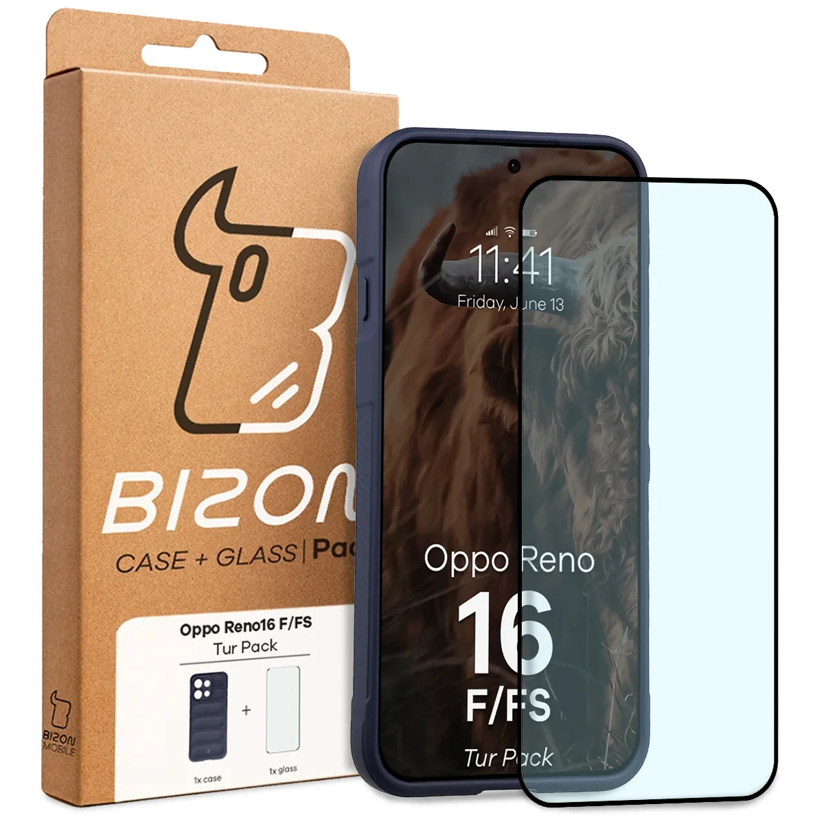 Robuste Handyhülle + gehärtetem Glas für Oppo Reno16 F / Reno16 FS, Bizon Tur Pack, Dunkelblau (10/10)