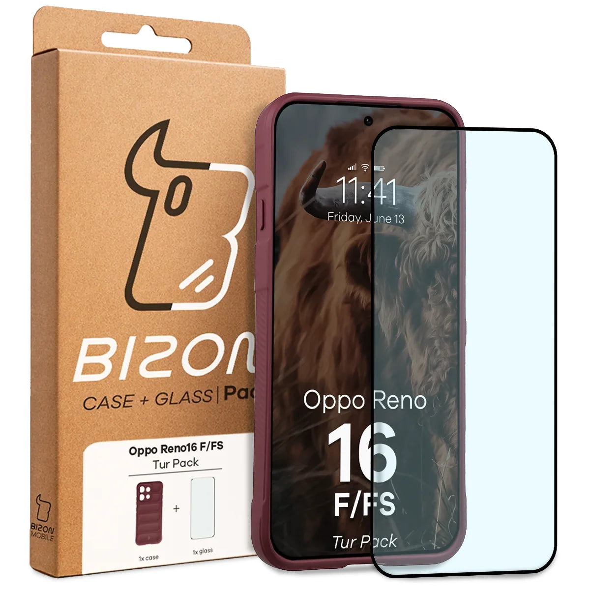 Robuste Handyhülle + gehärtetem Glas für Oppo Reno16 F / Reno16 FS, Bizon Tur Pack, Burgunderrot (10/10)