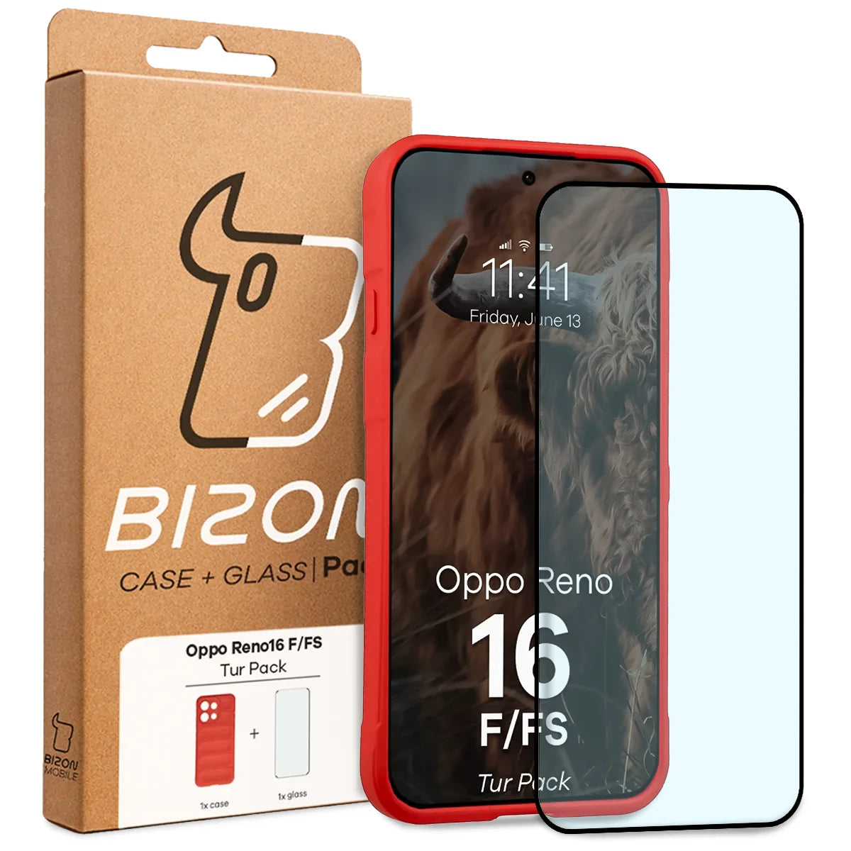 Robuste Handyhülle + gehärtetem Glas für Oppo Reno16 F / Reno16 FS, Bizon Tur Pack, Rot (10/10)