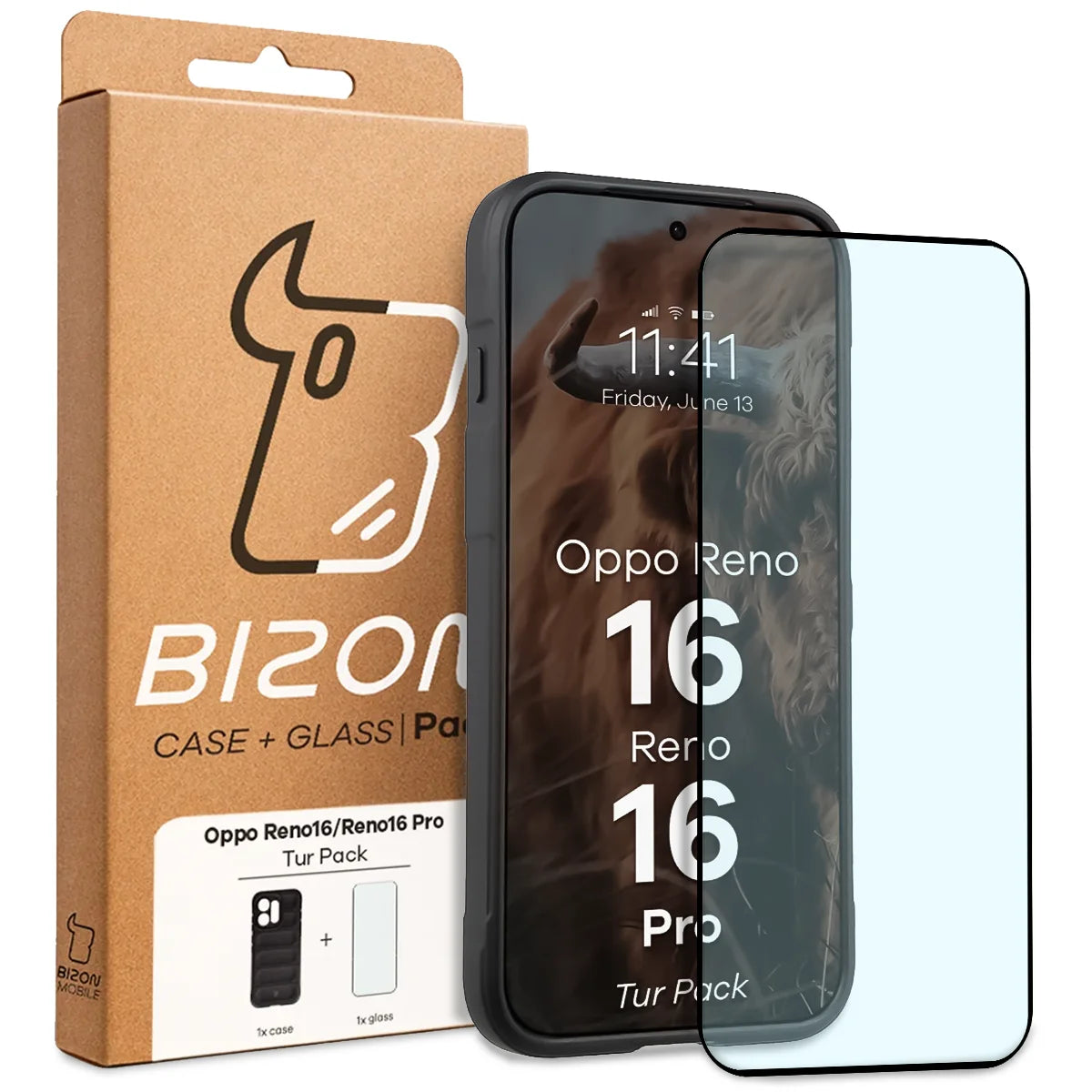 Robuste Handyhülle + gehärtetem Glas für Oppo Reno16 / Reno16 Pro 5G, Bizon Tur Pack, Schwarz (10/10)
