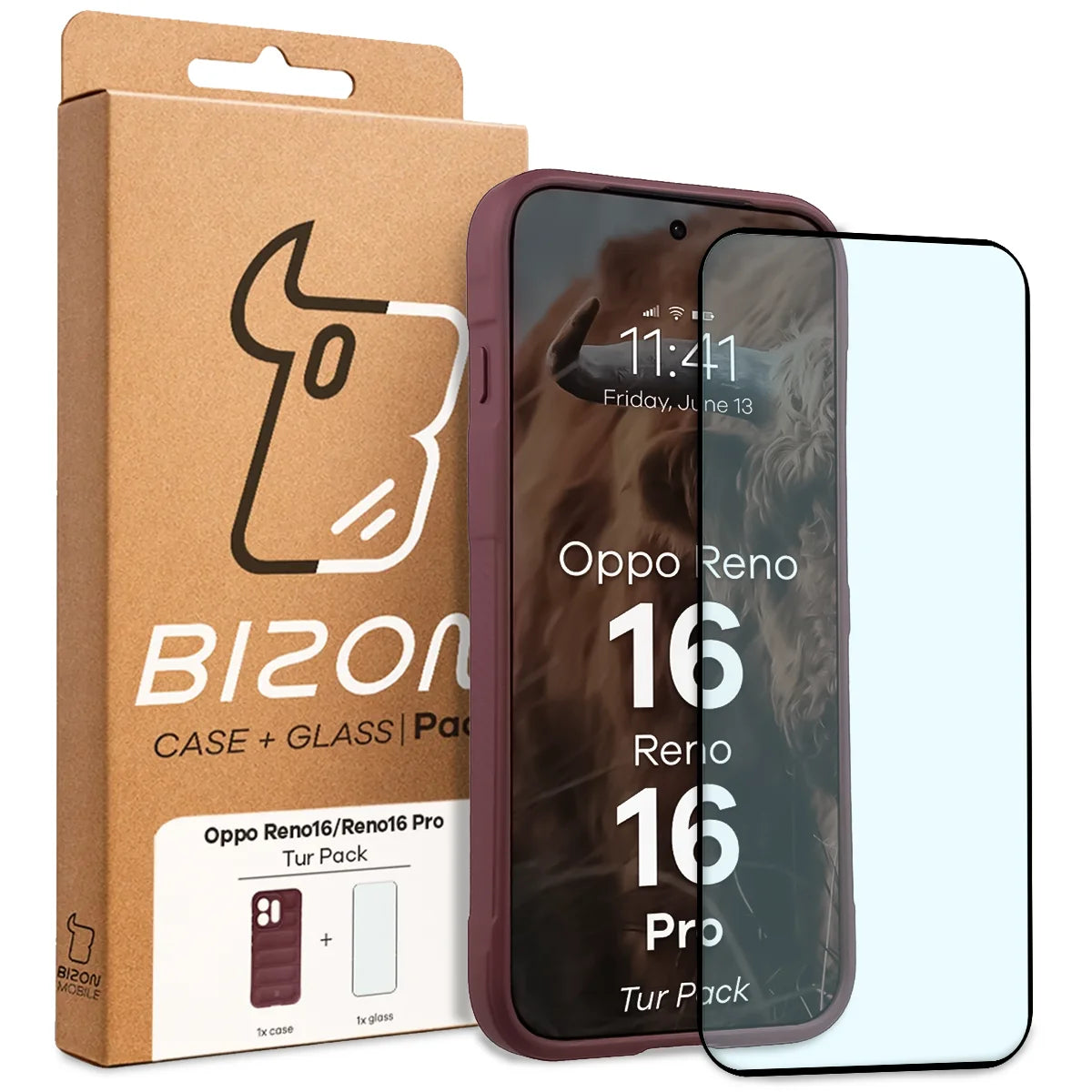 Robuste Handyhülle + gehärtetem Glas für Oppo Reno16 / Reno16 Pro 5G, Bizon Tur Pack, Burgunderrot (10/10)