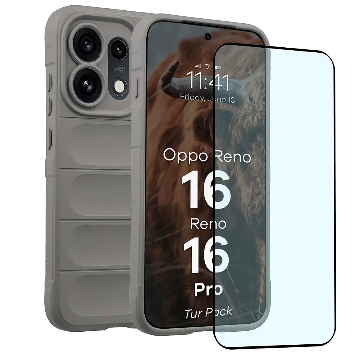 Robuste Handyhülle + gehärtetem Glas für Oppo Reno16 / Reno16 Pro 5G, Bizon Tur Pack, Hellgrau (1/10)