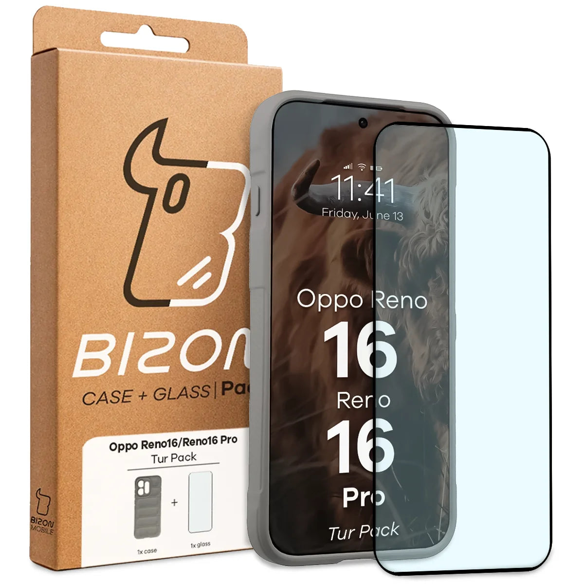 Robuste Handyhülle + gehärtetem Glas für Oppo Reno16 / Reno16 Pro 5G, Bizon Tur Pack, Hellgrau (10/10)