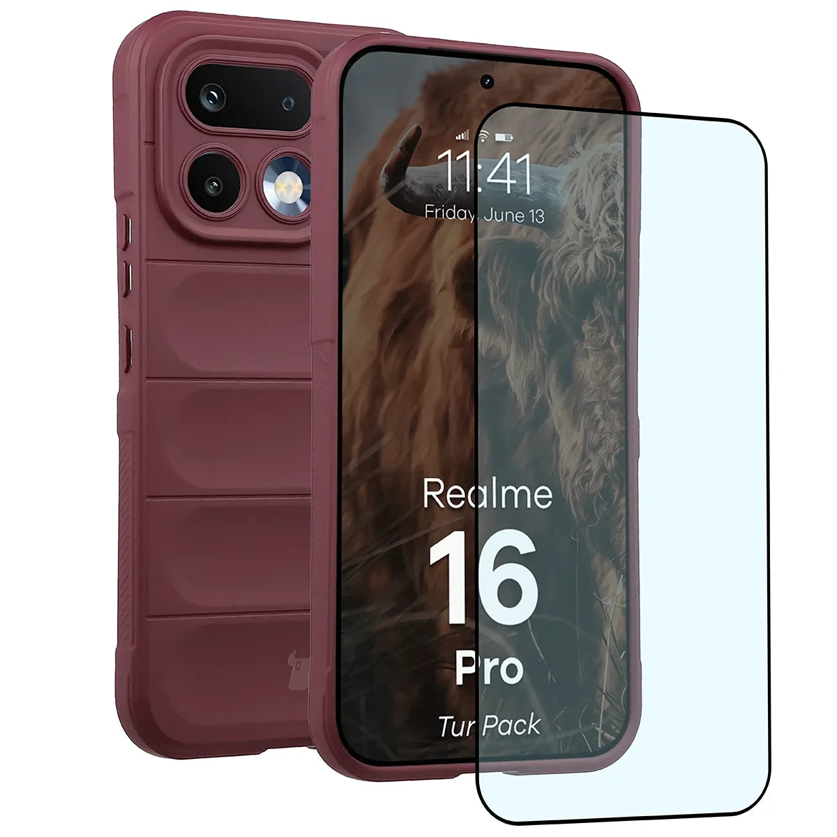 Robuste Handyhülle + gehärtetem Glas für Realme 16 Pro 5G, Bizon Tur Pack, Burgunderrot