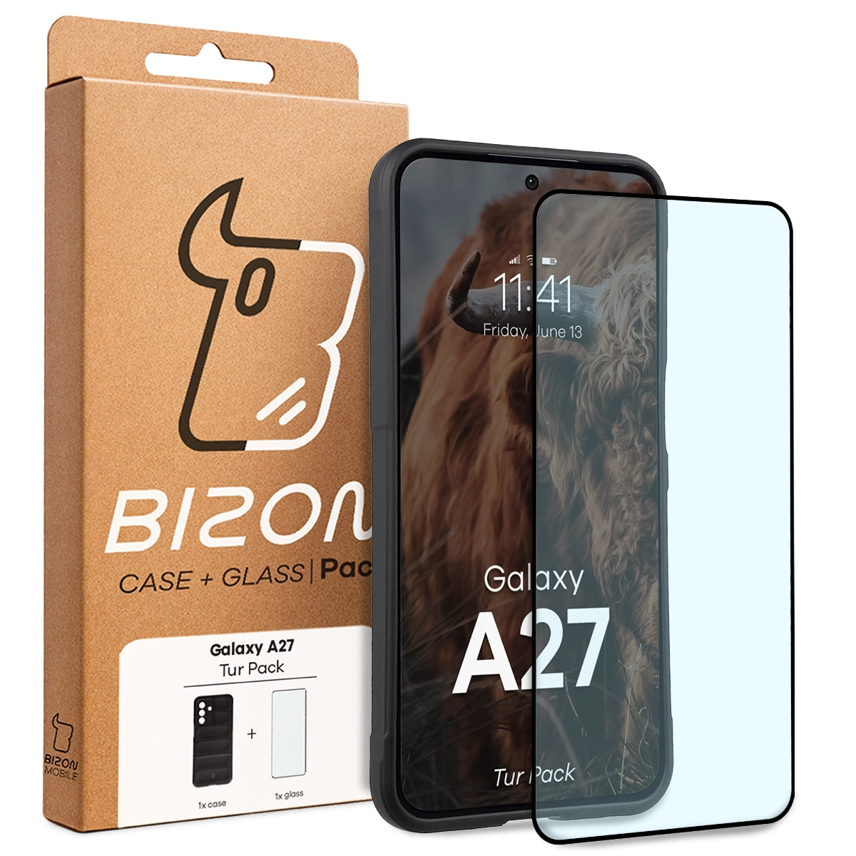 Robuste Handyhülle + gehärtetem Glas für Galaxy A27 5G, Bizon Tur Pack, Schwarz