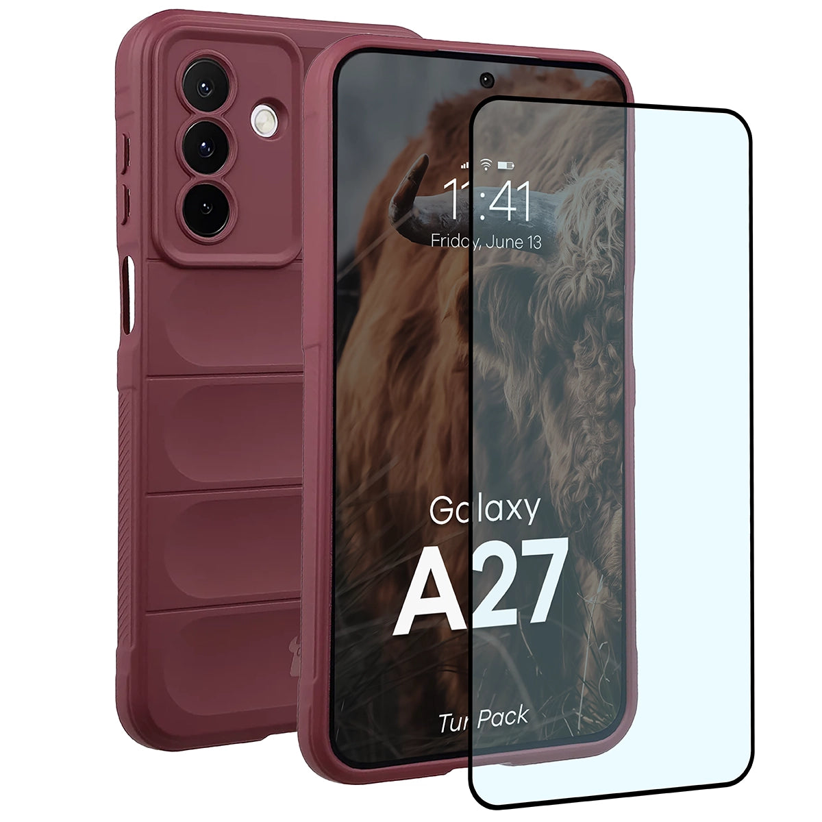 Robuste Handyhülle + gehärtetem Glas für Galaxy A27 5G, Bizon Tur Pack, Burgunderrot