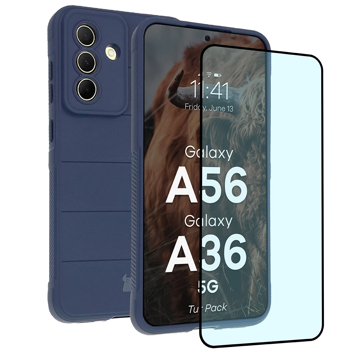 Robuste Handyhülle + gehärtetem Glas für Galaxy A36 5G / A56 5G, Bizon Tur Pack, Dunkelblau