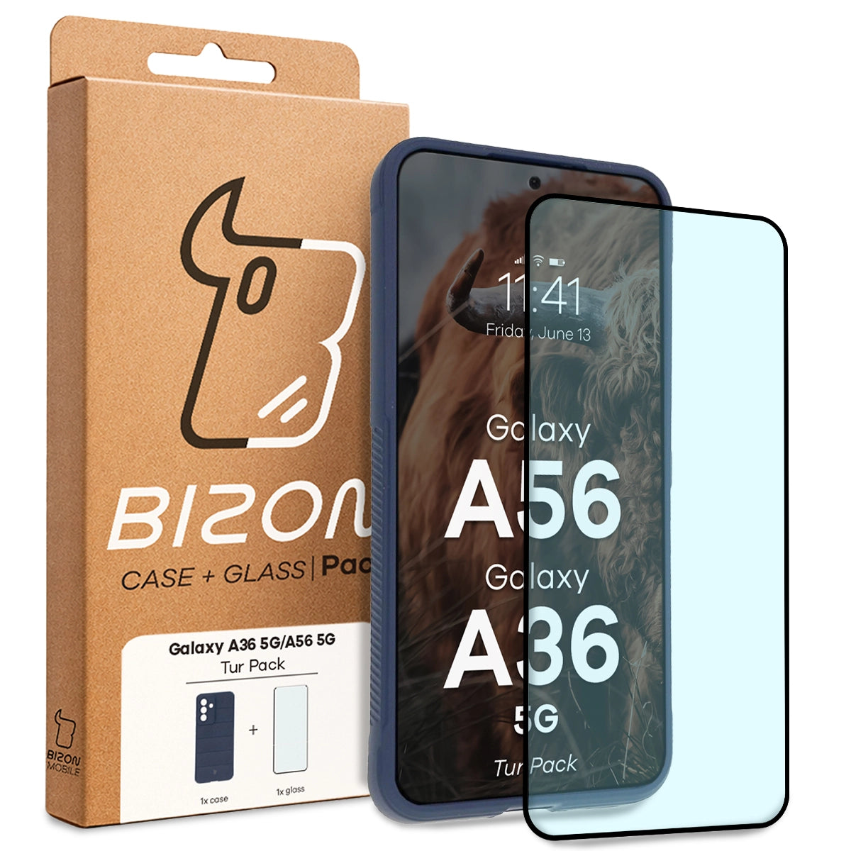 Robuste Handyhülle + gehärtetem Glas für Galaxy A36 5G / A56 5G, Bizon Tur Pack, Dunkelblau
