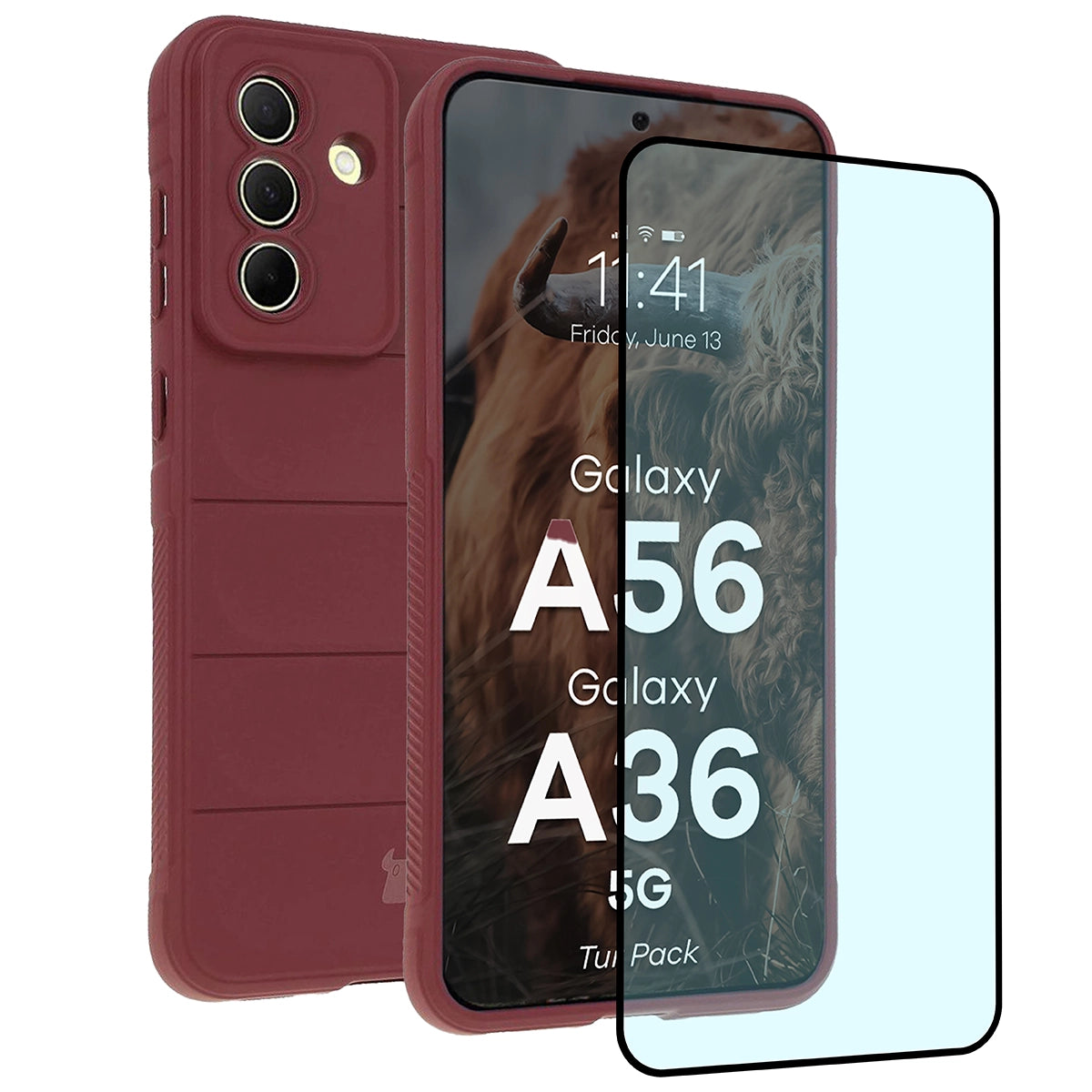 Robuste Handyhülle + gehärtetem Glas für Galaxy A36 5G / A56 5G, Bizon Tur Pack, Burgunderrot