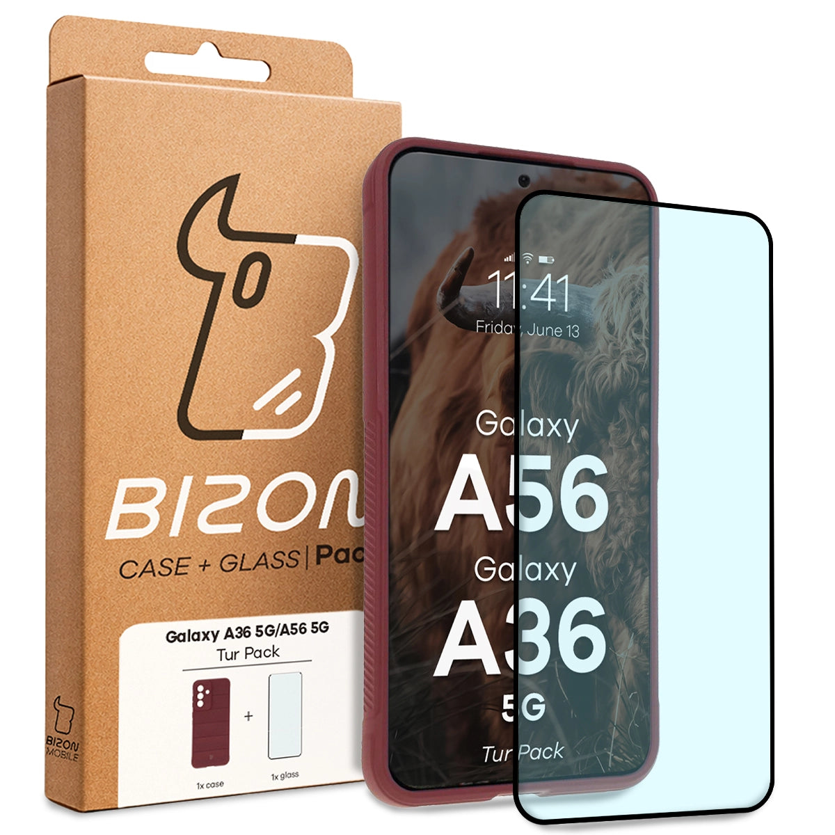 Robuste Handyhülle + gehärtetem Glas für Galaxy A36 5G / A56 5G, Bizon Tur Pack, Burgunderrot