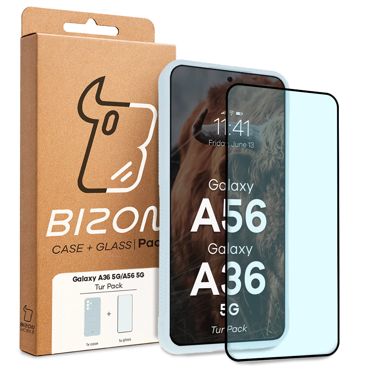 Robuste Handyhülle + gehärtetem Glas für Galaxy A36 5G / A56 5G, Bizon Tur Pack, Hellblau