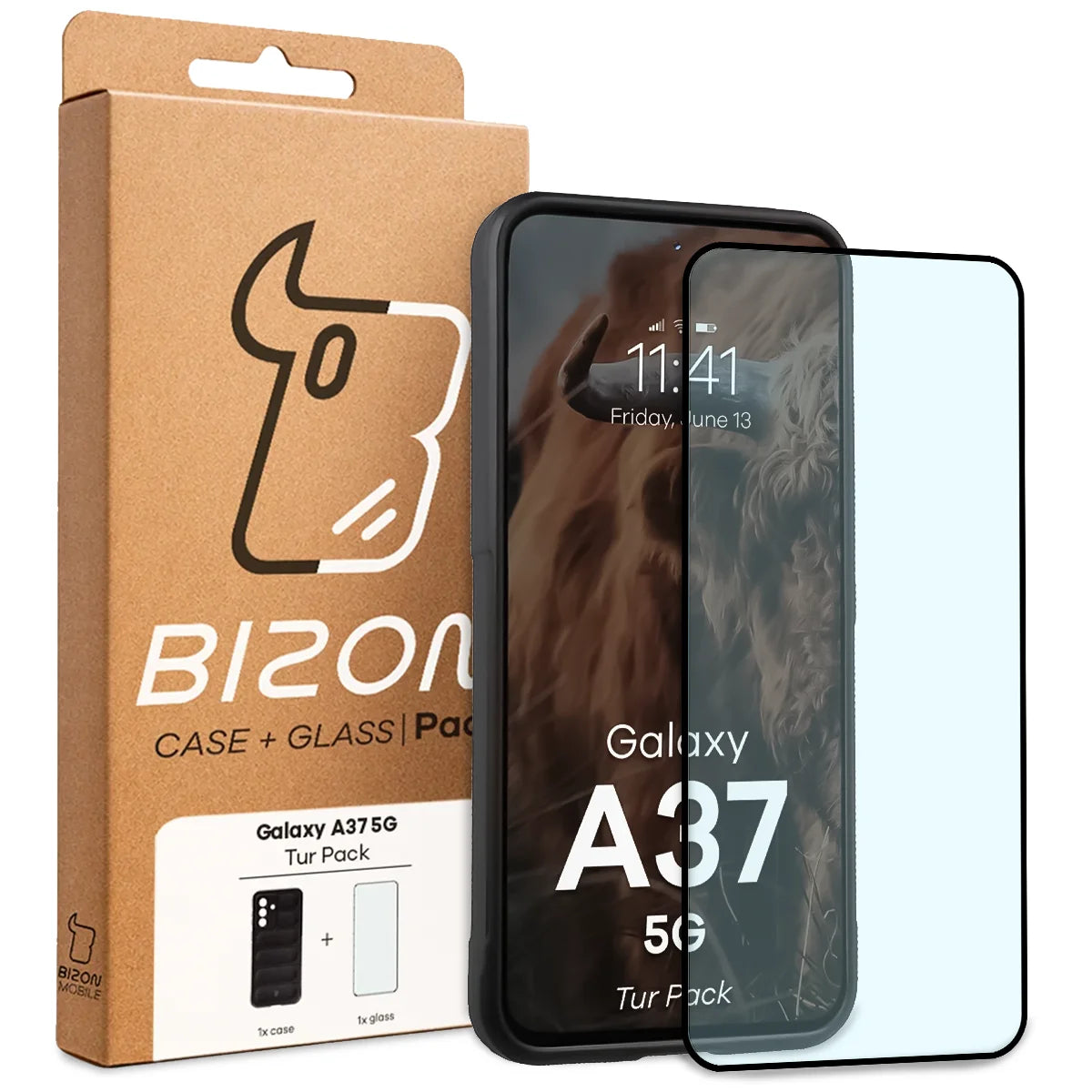 Robuste Handyhülle + gehärtetem Glas für Galaxy A37 5G, Bizon Tur Pack, Schwarz (10/10)