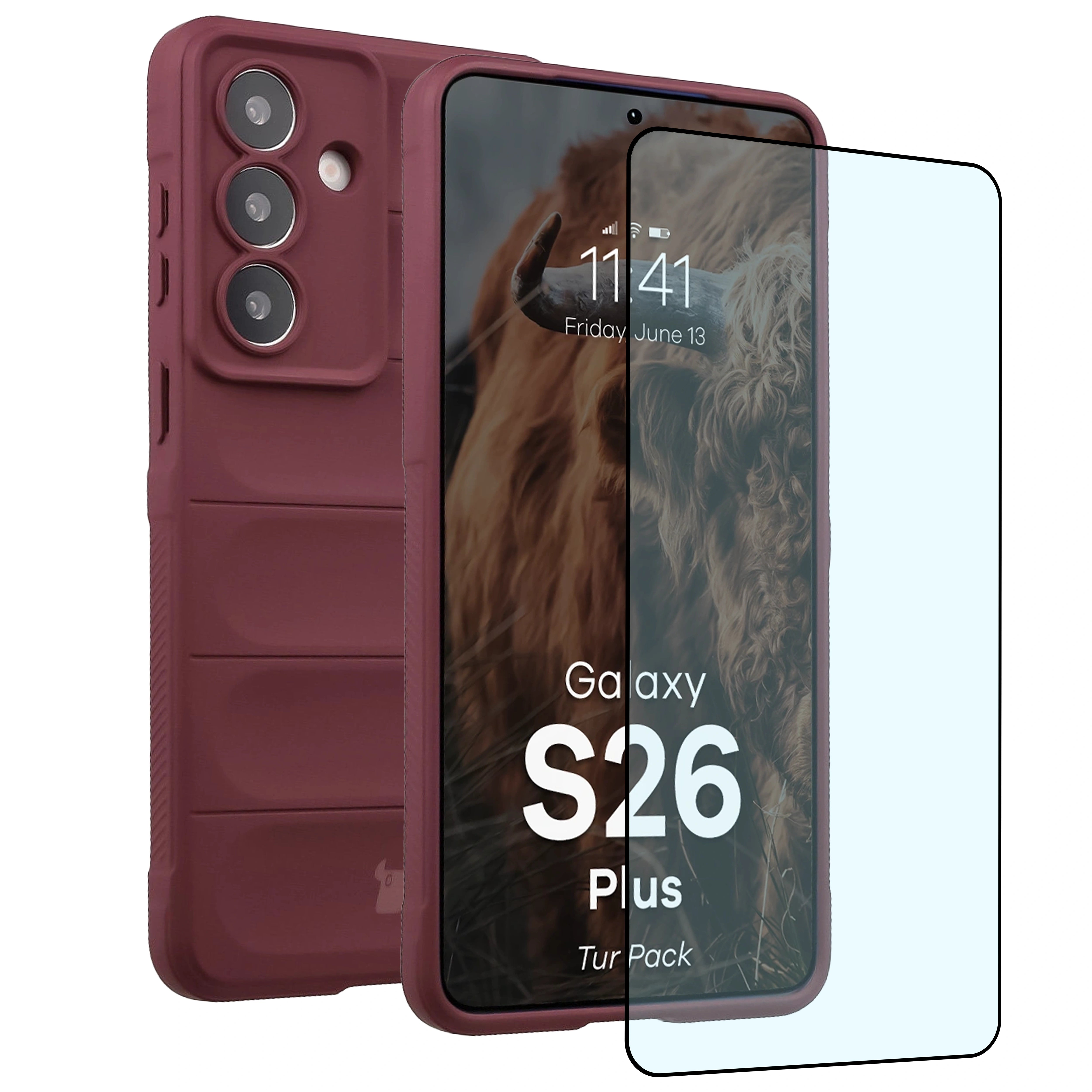 Robuste Handyhülle + gehärtetem Glas für Galaxy S26 Plus, Bizon Tur Pack, Burgunderrot